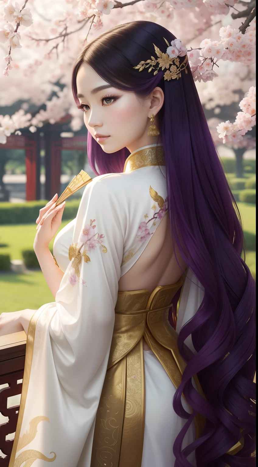 (highres), (vivid colors), (realistic), A beautiful woman with long, flowing, purple hair, wearing a stunning gold and white Chinese empress outfit. Her hair cascades down her back, reflecting the light in vibrant shades of purple and gold. The intricate details of the empress outfit shimmer in the light, with delicate gold embroidery adorning the white silk fabric.

Her eyes sparkle with a mesmerizing intensity, as if holding a thousand secrets. She has long, dark, voluminous eyelashes that frame her beautiful detailed eyes. Her full lips are painted with a deep shade of plum, adding an alluring touch to her enchanting features.

The woman stands in a lavish Chinese garden, surrounded by blooming cherry blossom trees. The delicate petals create a soft pink canopy above her, contrasting the vibrant colors of her outfit. She holds a traditional Chinese fan in her hand, intricately decorated with gold and plum blossoms.

Soft sunlight pours through the branches, casting a warm and gentle glow on her. The garden is filled with an array of colorful flowers, their fragrant scent filling the air. The vibrant hues of the flowers create a breathtaking backdrop, complementing the woman's regal presence.

The overall atmosphere is one of elegance and grace, capturing the beauty and mystique of a Chinese empress. The scene combines elements of traditional Chinese culture, with a touch of modernity and artistic interpretation. The composition is carefully balanced, highlighting the woman as the focal point while embracing the harmony of nature.

The artwork aims to evoke a sense of admiration and fascination, with its intricate details and captivating colors. It invites the viewer to immerse themselves in the enchanting world of the Chinese empress and appreciate the artistry and craftsmanship that went into creating such a masterpiece.