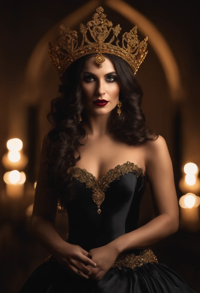 hiper-realismo, goth woman, 37 anos, monera, cabelos pretos, Wearing a queen's crown on her head, com (((vestido longo preto e dourado))), rosto fechado, holding 7 red roses in your hands, com fundo escuro, com a luz da lua iluminando, foto de corpo todo, looking-into-camera, olhar intimidador, Hiper realista, ultrarrealismo, detalhes realistas.