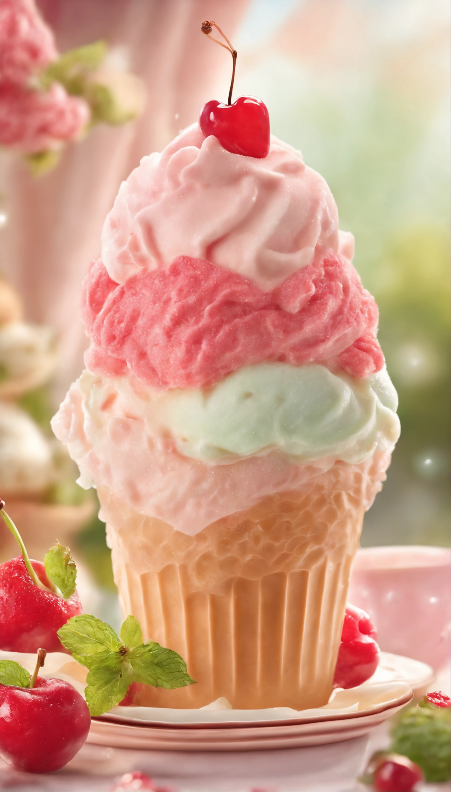 （Huge ice cream）,illustration,Realistic Shading,Extraordinary details,Pastel colors,magical lighting,Fine texture,Pink fluffy clouds,Sparkling sprinklers,Delicate cones,Whimsical atmosphere,Joyful emotions,Dreamy background,Happy child,Delicious dessert,Soft serve ice cream,the ice cream shop,Vibrant colors,Candy toppings,fairy tale setting,The window is displayed,Lively scene,Cherry on top,Elegant whirlpool,Playful imagination,Captivating moments,A fun-filled experience,Creamy texture,Sweet taste,Irresistible temptation,Summer cuisine,Refreshing delight,Fantasy world