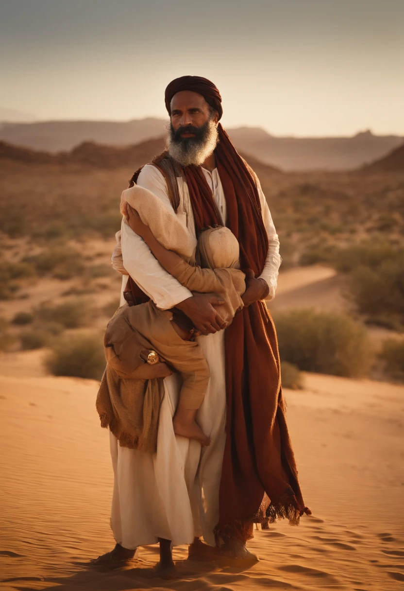 Man with long beard and white beard standing in desert area, Lead the clan, Israelenses vestidos em 36864K filmes, next to an Israeli woman holding a newborn boy in her arms, both of them with advanced age, peles claras, Ainda do filme live action, cenas de filmes live-action, 16384k filme, still image from tv series, cinematic Film still from, film still image, portrait of bedouin d&d, cena maravilhosa