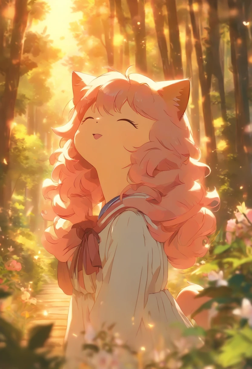 1 girl, solo, best quality, ultra detailed, minor, (happy:1.4), closed eyes,
pink hair, medium hair, looking away,
from front, from below, portrait, hugging the brown kitten, \(kitten has its mouth closed\),
white dress, blue ribbon, long sleeves, standing,
in the forest, flower garden, warm sunlight filtering through trees