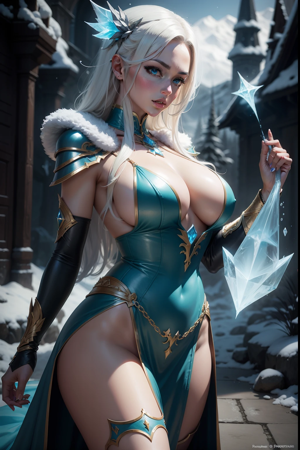 MMORPG character in a sexy costume casting an ice spell