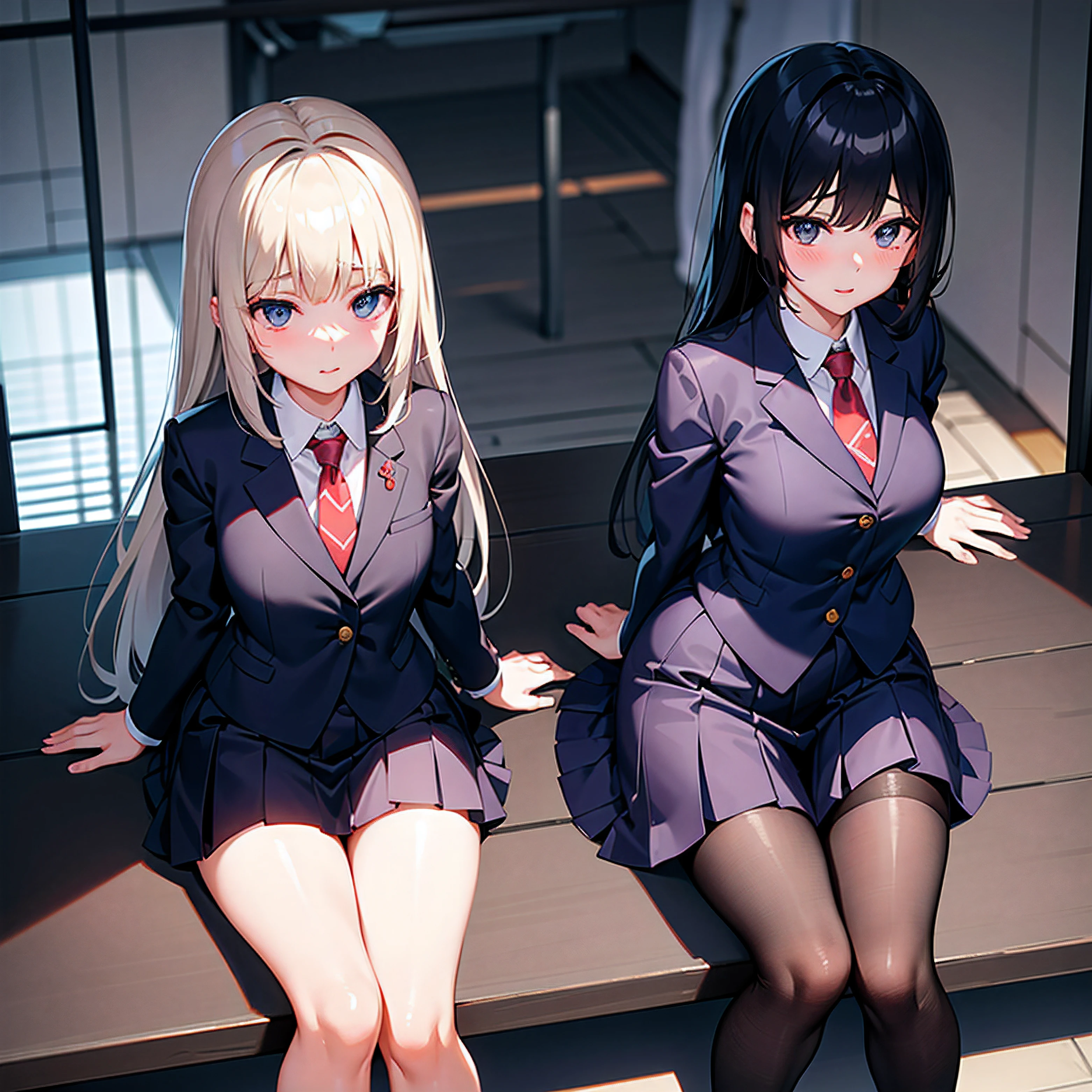 (3girls), (3 young schoolgirls), navy school shirt, red school skirt, putting on a show for the viewer, classroom, dusk, (dim lighting), devious smile, (three Sexy girl), [platinum hair, tall, grey eyes, pale skin, big breasts], [dark brown hair, hazel eyes, tan skin, big ass], [black hair, light blue eyes, medium tits, short] (Masterpiece), (Best quality), (8k)