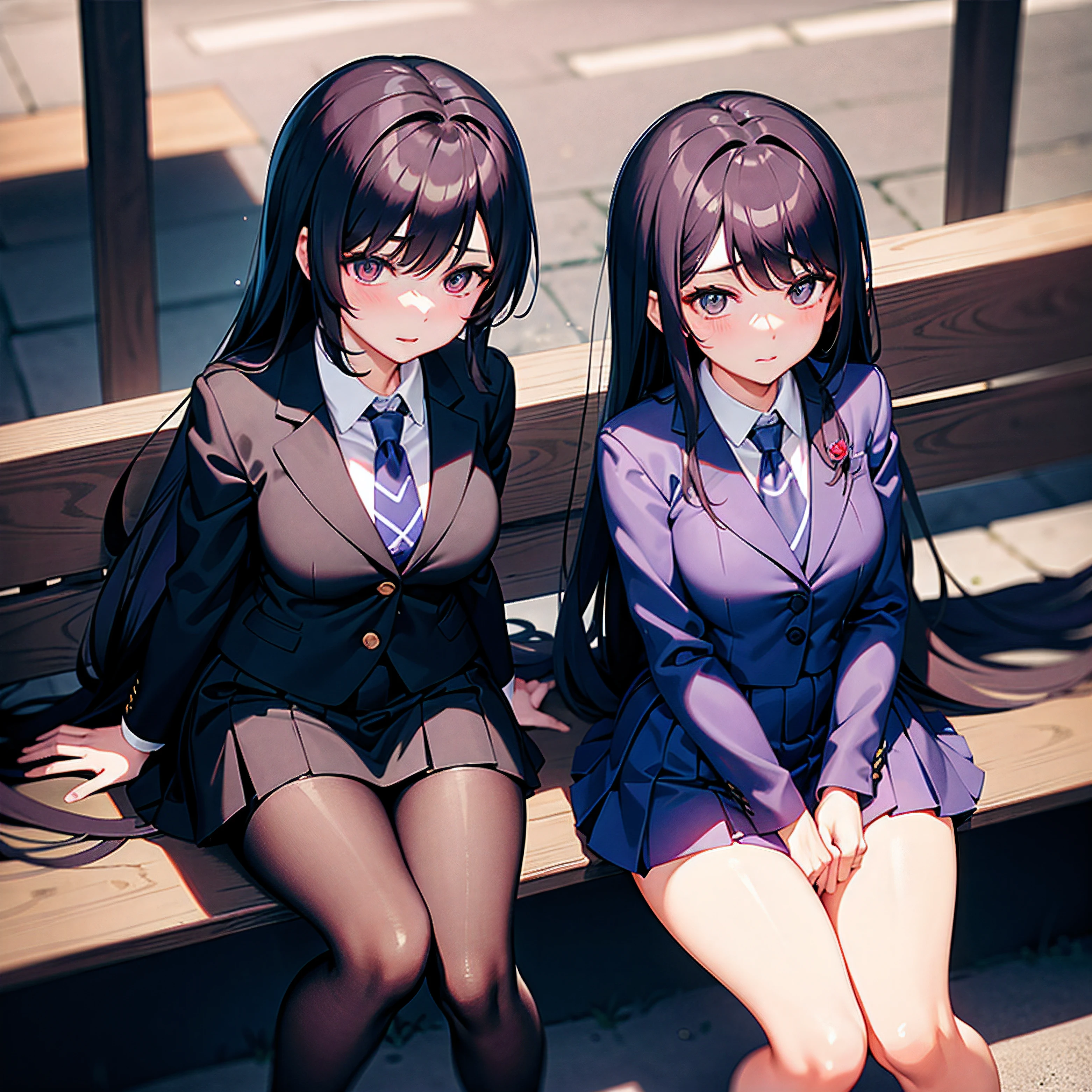 Outdoor toilets in the park、Three Girls、Wearing a uniform、In front of the public toilet、Leaking or holding back pee、Black hair color、poneyTail、Crying face、red blush、Tears from the eyes、Open legs、Crying、Dark blue socks、The color of the pants is light blue、Vertically aligned、posterior view、