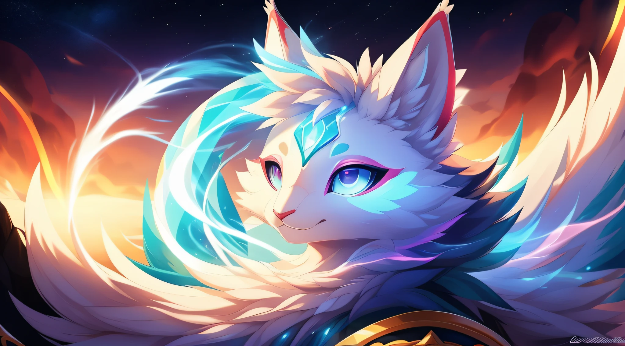 alolan ninetales and solgaleo fusion, pokemon, fusion, fluffy tail, blue eyes, fox like, antropomorfic