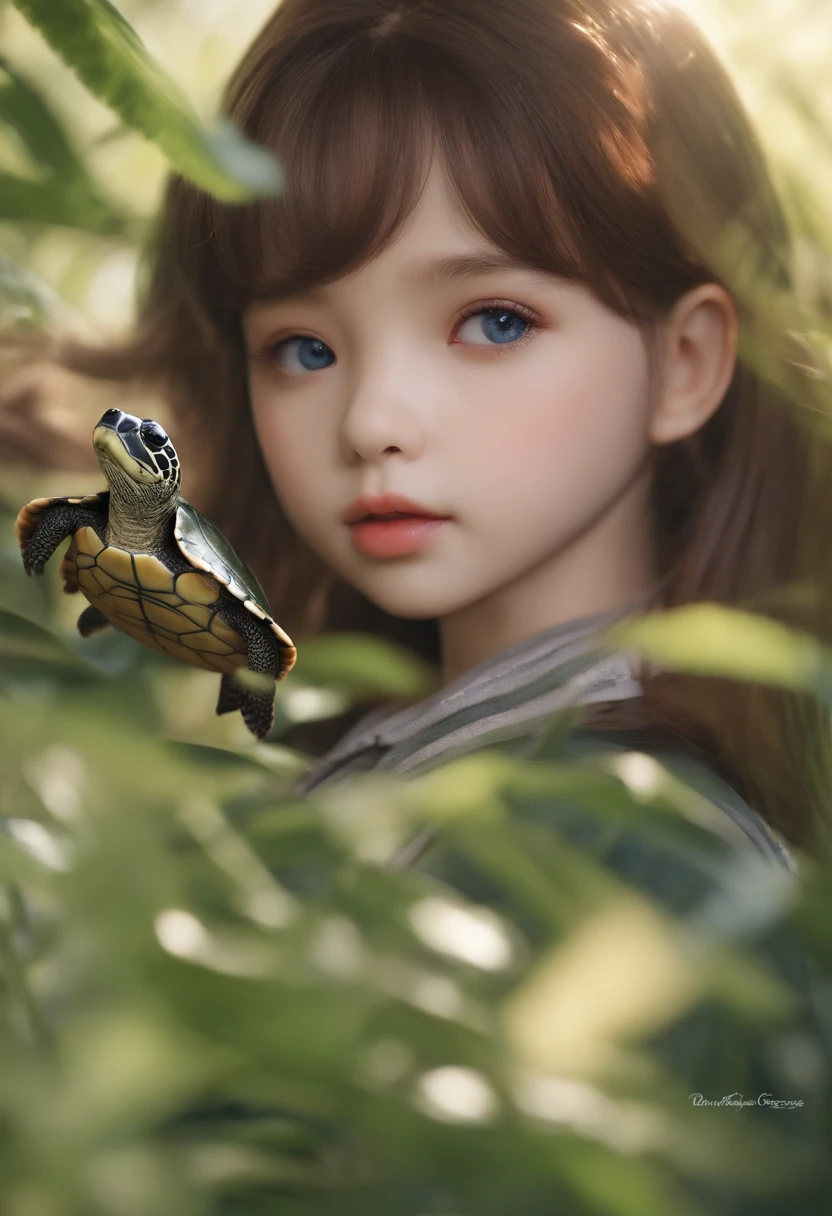 jitome,One girl、brunette color hair、Cute Baby Turtle、Parka、poneyTail、eBlue eyes、tmasterpiece、top-quality、Top image quality