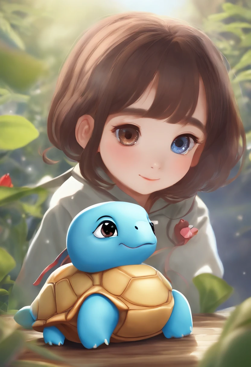 jitome,One girl、brunette color hair、Cute Baby Turtle、Parka、poneyTail、eBlue eyes、tmasterpiece、top-quality、Top image quality