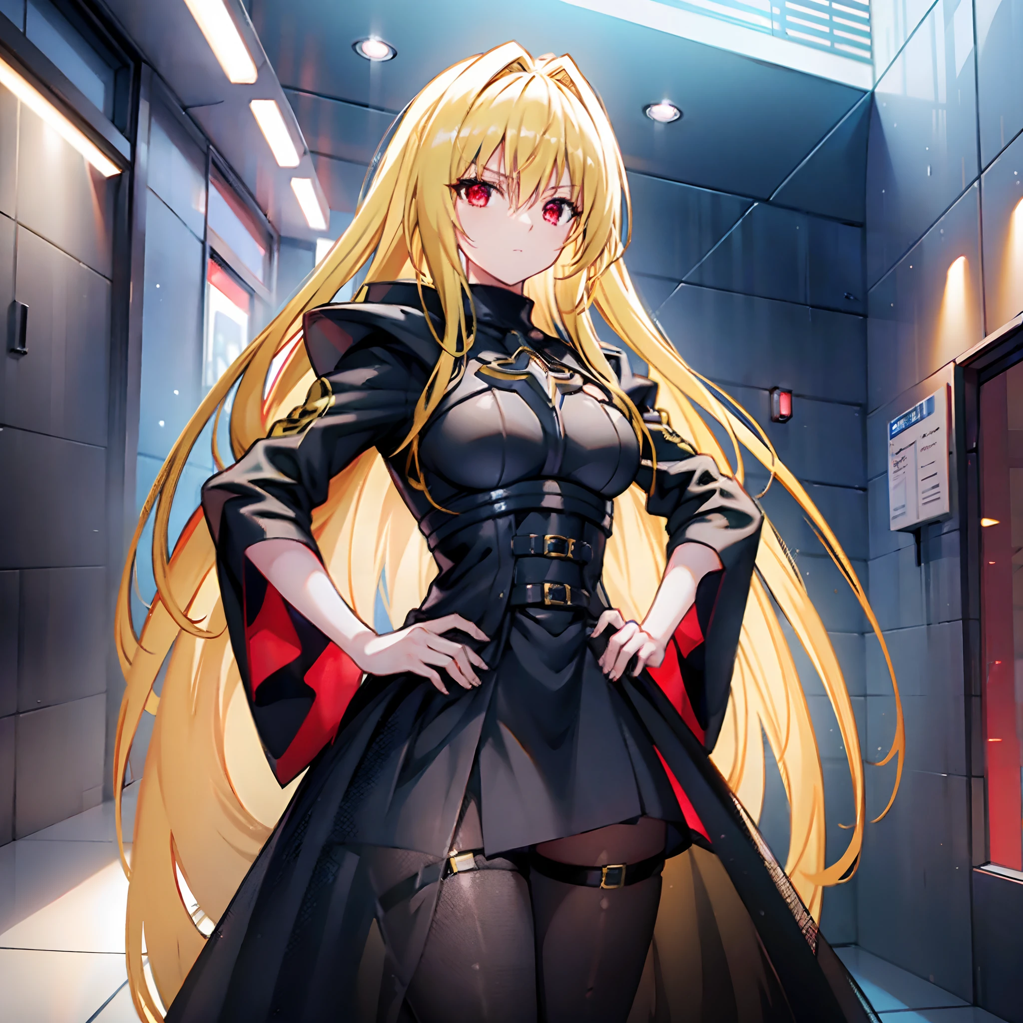 Yami the Golden Darkness wearing gloss black battle dress with silver accents, hands on hips, staring at another person, messy long yellow hair, cute red eyes, amazing beauty and incredible presence, dynamic pose, delicate face, beautiful red eyes, confident facial expression, 8k high resolution, very detailed, anatomically correct, digital painting, concept art, Shinkai Makoto style, clear picture, city, full-body portrait, masterpiece, super fine photo, best quality, super high resolution, photorealistic realism,