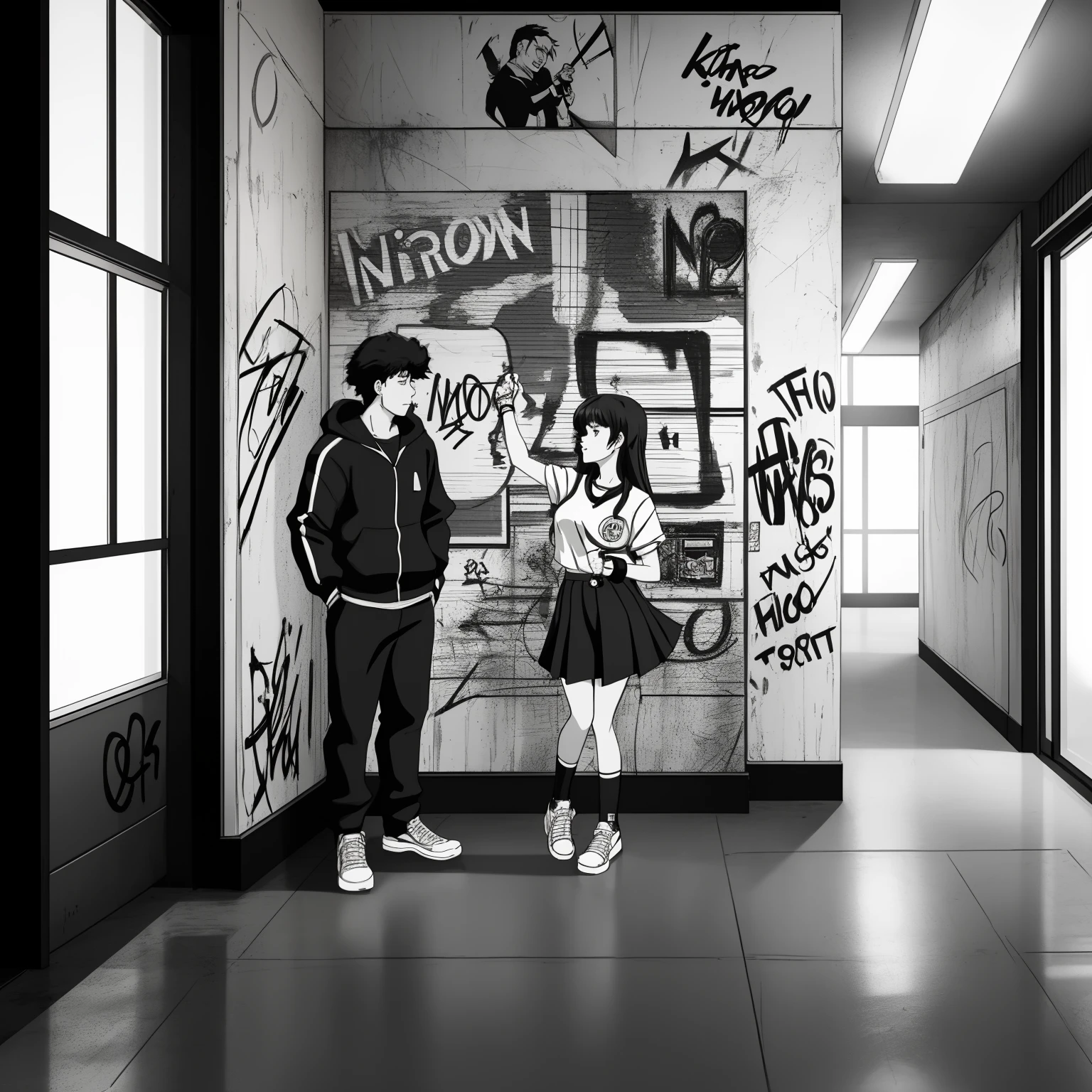 ((ink style, pencil drawing, sketch, black and white)) In the bustling school hallway, a young girl in a retro 90s tracksuit stands beneath flickering neon lights, holding a massive boombox above her shoulder. The familiar beats of a 90s hip-hop love song fill the corridor. A crowd of students gathers around, captivated by the nostalgia as she passionately serenades her crush with lyrics that speak of timeless devotion. Lockers and graffiti-covered walls provide the backdrop, and the energy of the school melds with the heartfelt melody. It's a scene straight from a 90s music video, where hip-hop and teenage romance collide in the hallways, and she's the star of the show.