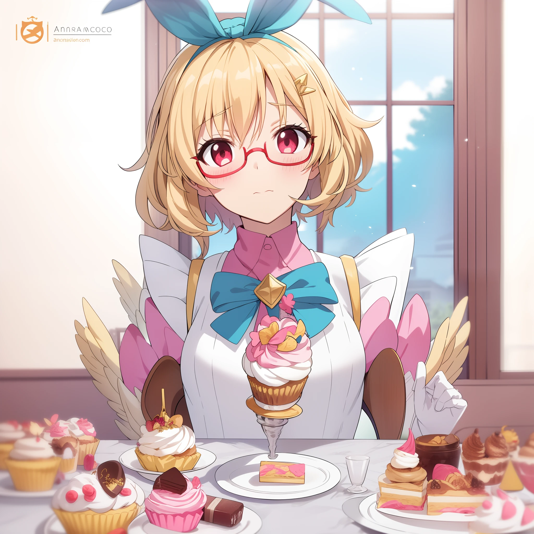 anime girl with bunny ears holding a cupcake and a plate of cupcakes, {{{masterpiece}}}, 1girl, amco, bangs, blush, bridal gauntlets, capelet, closed mouth, crossed bangs, white and pink long dress, final fantasy, winged capelet, yellow hair, hair band, hair between eyes, hair ornament, highres, jewelry, looking at viewer, extra short hair, beautiful detailed background, solo, upper body, shoulder wing, white gold theme, {{gold trim}}, gold furniture, indoor, royal palace, {{{{{wind blowing}}}}}, glowing light, {{{{{{yellow petals}}}}}}, {{{{{light particles}}}}}, {{{glasses}}}, {red framed eyewear:1.1}