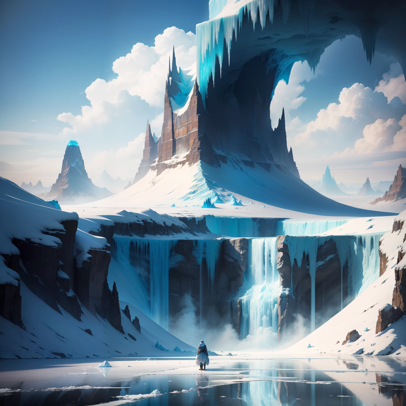Beautiful ice world　Huge Platinum World　Great glacier　Huge cave city　A beautiful future world　top-quality　超A high resolution　​masterpiece　dream　ＳＦFantasia　Super huge waterfall　lake　mont
