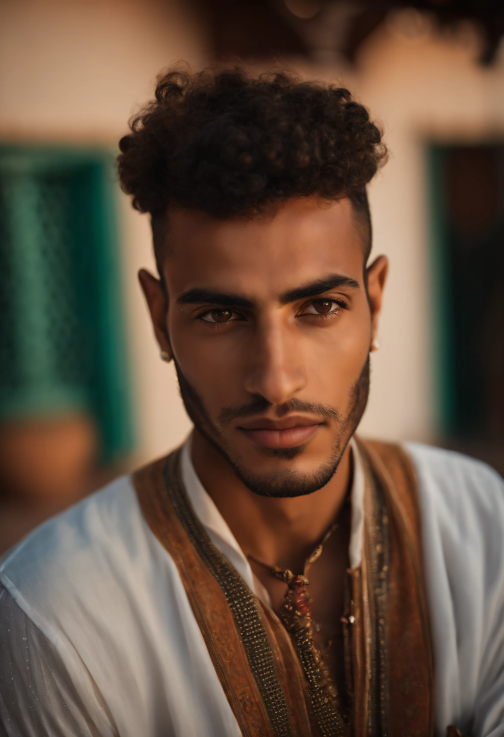world press photo winner, (award-winning photography:1.3), (modern Moroccan man, beautiful face, 23-years old guy, Moroccan skin tone, typical Moroccan male features:1.4), clear asymmetrical eyes, (very sharp photo:1.1), (8k, RAW photo, best quality:1.3), (realistic, photo-realistic, modest clothes:1.1), riad rooftop, Marrakech view, Amazigh pillows, romantic, moroccan lamps, sexy, gorgeous roses, exotic, glimmering lights, magical, super romance, Portait of a (sexy modern Moroccan man under the stars:1.5), analog style (look at viewer:1.2) (skin texture) (film grain:1.3), (warm hue, warm tone:1.2), cinematic light, sidelighting, ultra high res, best shadow, RAW, full body, wearing button-up shirt, bracelets, short hair