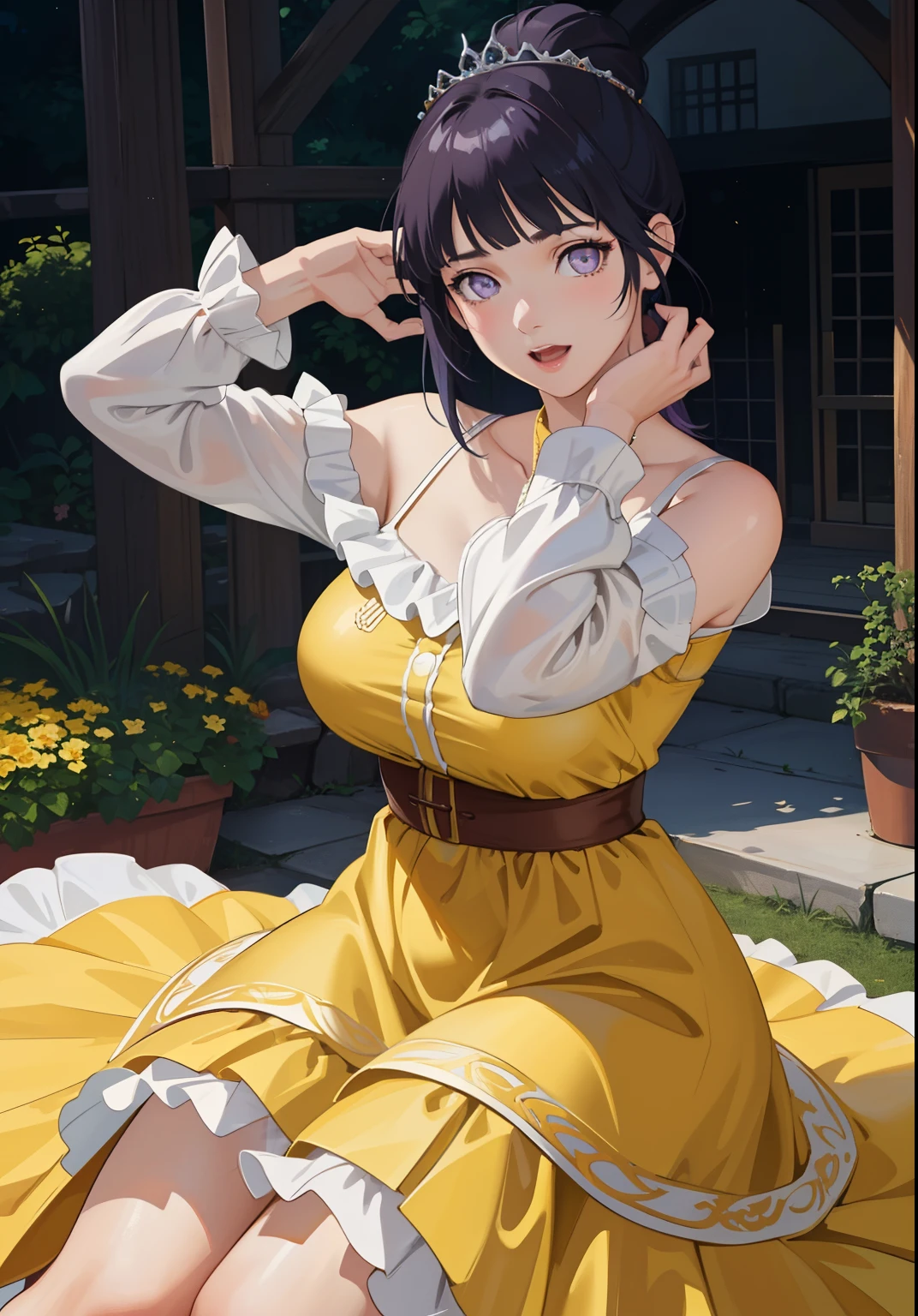 (BelleWaifu:1), surprised, beautiful pose, looking at the viewer, thick thighs, (long yellow dress:1.2), (hair bun, tiara) :D, curvy, (holding a red rose:1),
(realistic: 1.2), (realism), (masterpiece: 1.2), (best quality), (ultra detailed), (8k, 4k, intricate), (full-body-shot: 1), (Cowboy-shot: 1.2), (85mm), light particles, lighting, (highly detailed: 1.2), (detailed face: 1.2), (gradients), sfw, colorful, (detailed eyes: 1.2),
(detailed landscape, garden, plants, castle: 1.2), (detailed background), detailed landscape, (dynamic angle: 1.2), (dynamic pose: 1.2), (rule of third_composition: 1.3), (line of action: 1.2), wide shot, daylight, soil, Blunt Bangs, purple eyes,dark blue hair
