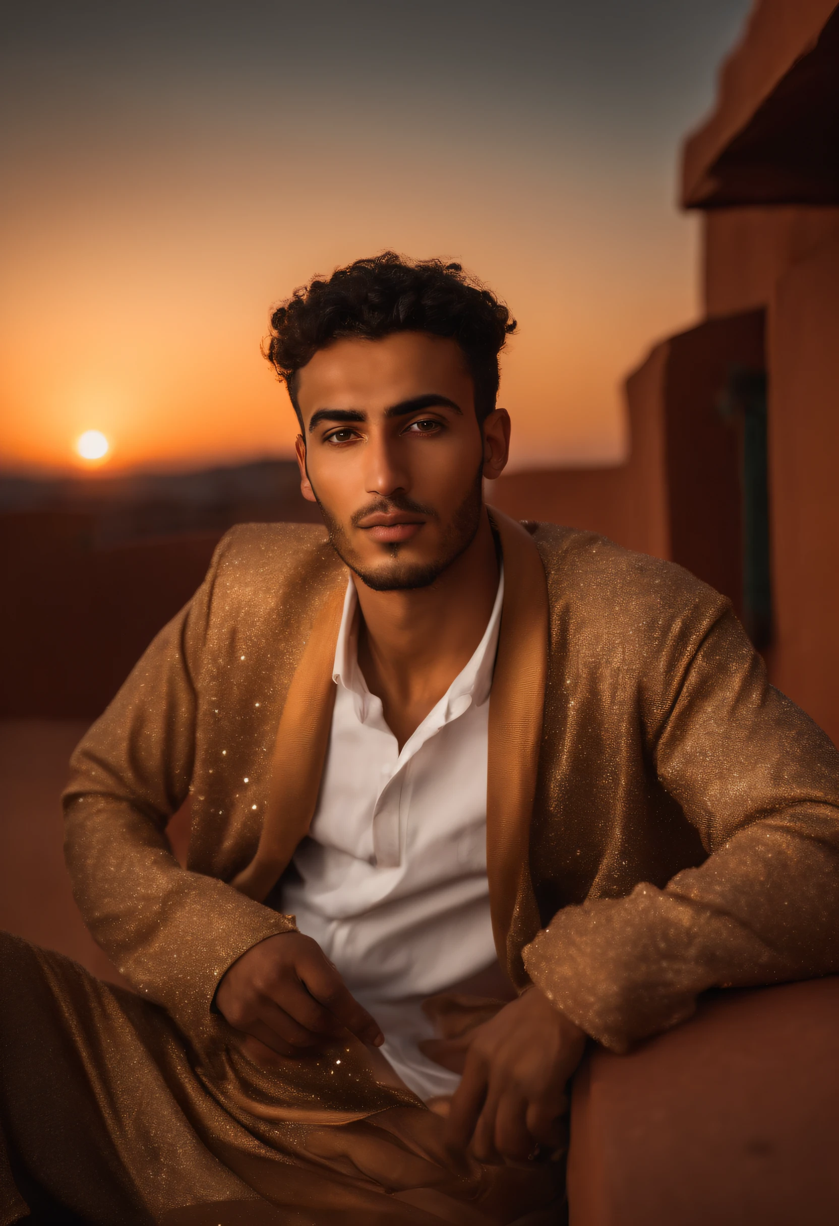 world press photo winner, (award-winning photography:1.3), (modern Moroccan man, beautiful face, 23-years old guy, Moroccan skin tone, typical Moroccan male features:1.4), clear asymmetrical eyes, (very sharp photo:1.1), (8k, RAW photo, best quality:1.3), (realistic, photo-realistic, modest clothes:1.1), riad rooftop, Marrakech view, Amazigh pillows, romantic, moroccan lamps, sexy, gorgeous roses, exotic, glimmering lights, magical, super romance, Portait of a (sexy modern Moroccan man under the stars:1.5), analog style (look at viewer:1.2) (skin texture) (film grain:1.3), (warm hue, warm tone:1.2), cinematic light, sidelighting, ultra high res, best shadow, RAW, full body, wearing button-up shirt