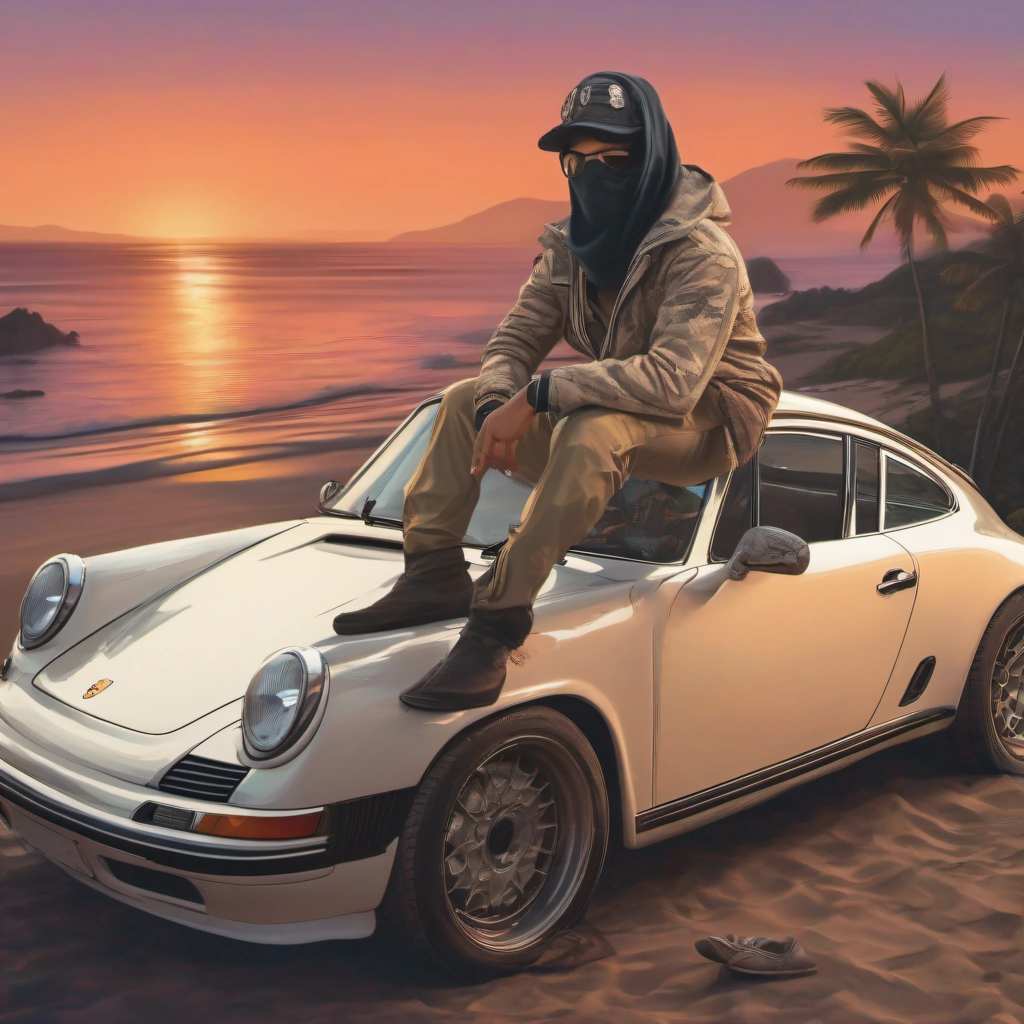 Make a young trapper wearing a balaclava with designer clothes on the sunroof of a Porsche on the beach of Rio de Janeiro