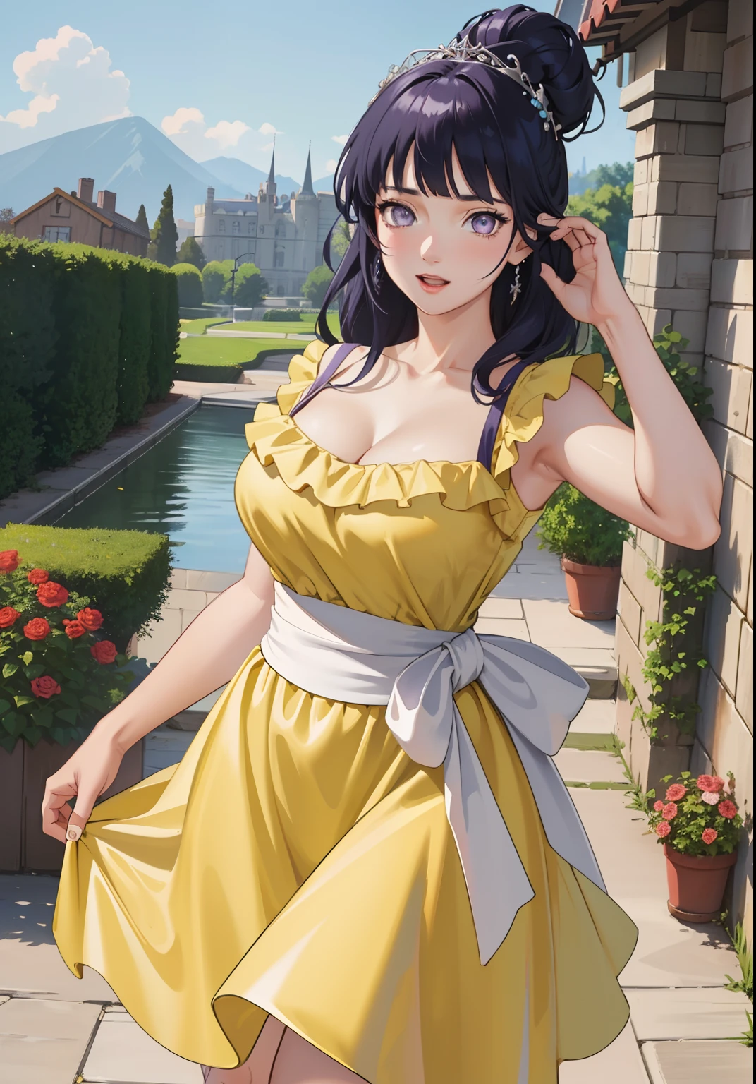 (BelleWaifu:1), surprised, beautiful pose, looking at the viewer, thick thighs, (long yellow dress:1.2), (hair bun, tiara) :D, curvy, (holding a red rose:1),

(realistic: 1.2), (realism), (masterpiece: 1.2), (best quality), (ultra detailed), (8k, 4k, intricate), (full-body-shot: 1), (Cowboy-shot: 1.2), (85mm), light particles, lighting, (highly detailed: 1.2), (detailed face: 1.2), (gradients), sfw, colorful, (detailed eyes: 1.2),

(detailed landscape, garden, plants, castle: 1.2), (detailed background), detailed landscape, (dynamic angle: 1.2), (dynamic pose: 1.2), (rule of third_composition: 1.3), (line of action: 1.2), wide shot, daylight, soil, Blunt Bangs, purple eyes,dark blue hair