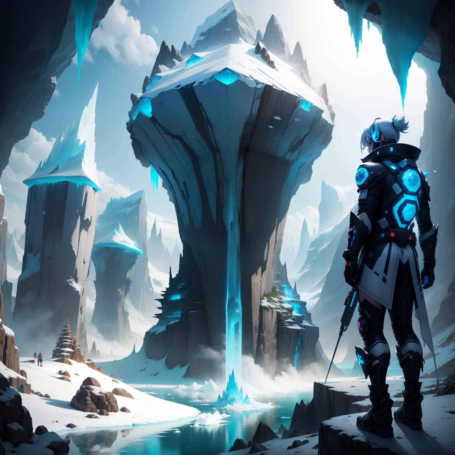 Ice World　Shirogane World　cyberpunked　Great glacier　Super Giant Cave　A beautiful future world　top-quality　超A high resolution　​masterpiece　dream　ＳＦFantasia　Beautiful view