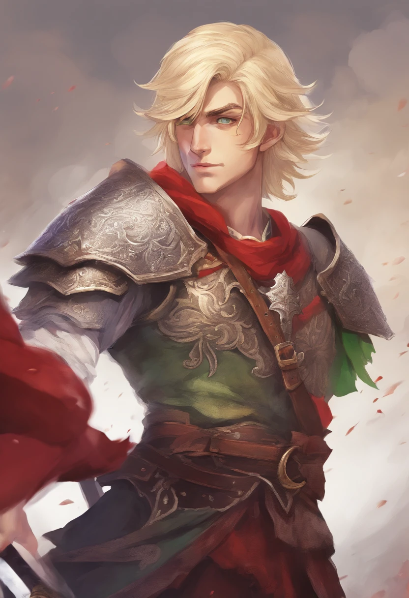 a 20 -year-old man, 1 boy, blonde short hair, short hair parted in the middle, bright green eyes, without a beard, without a goatee, no facial hair, silver and red medieval knight armor, red clothes, highly detailed, A high resolution, Sharp focus, ultra detailed, noble, brave, strong, perfect hands, looking at the viewer