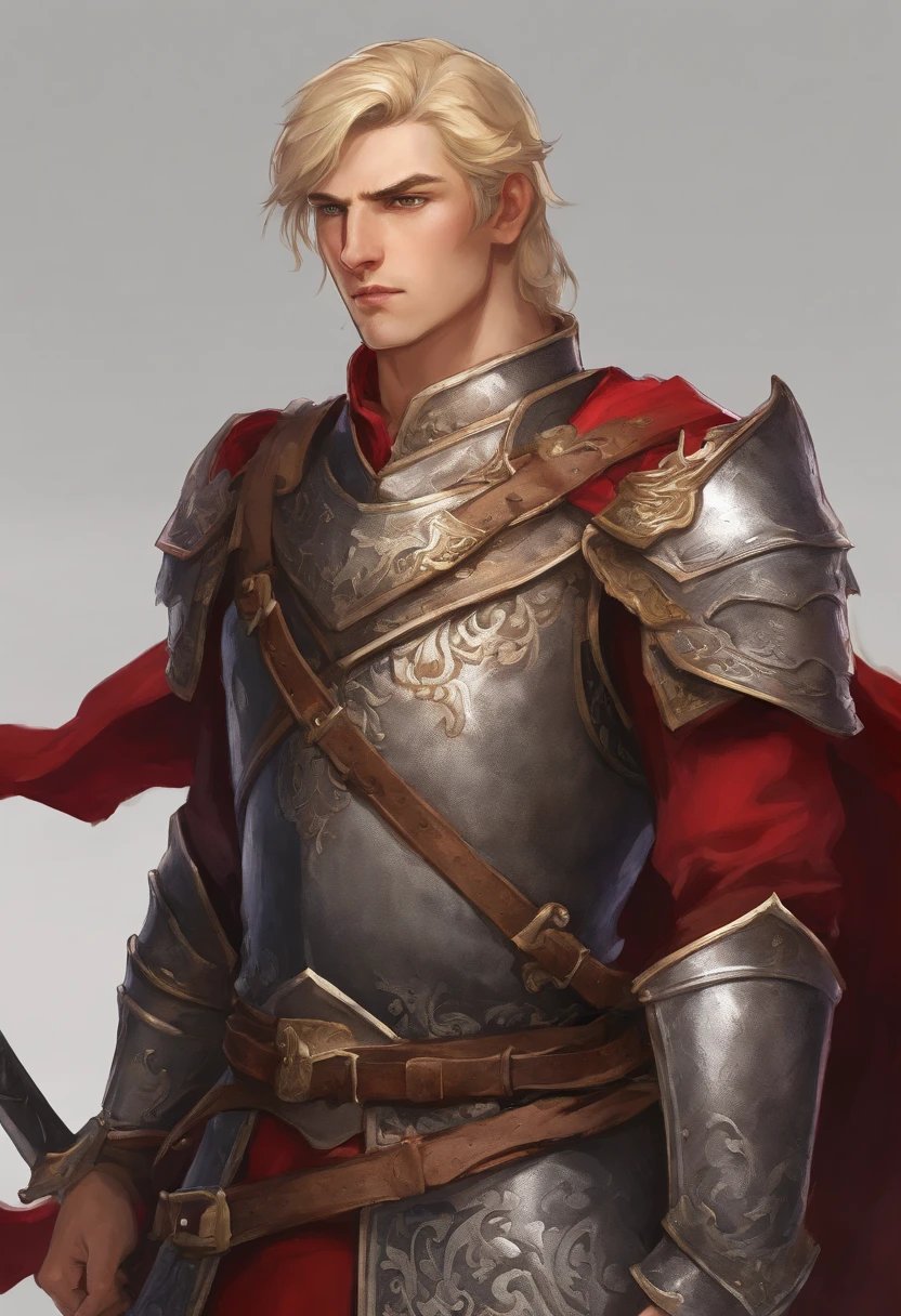 a 20 -year-old man, 1 boy, blonde short hair, short hair parted in the middle, bright green eyes, without a beard, without a goatee, no facial hair, silver and red medieval knight armor, red clothes, highly detailed, A high resolution, Sharp focus, ultra detailed, noble, brave, strong, perfect hands, looking at the viewer