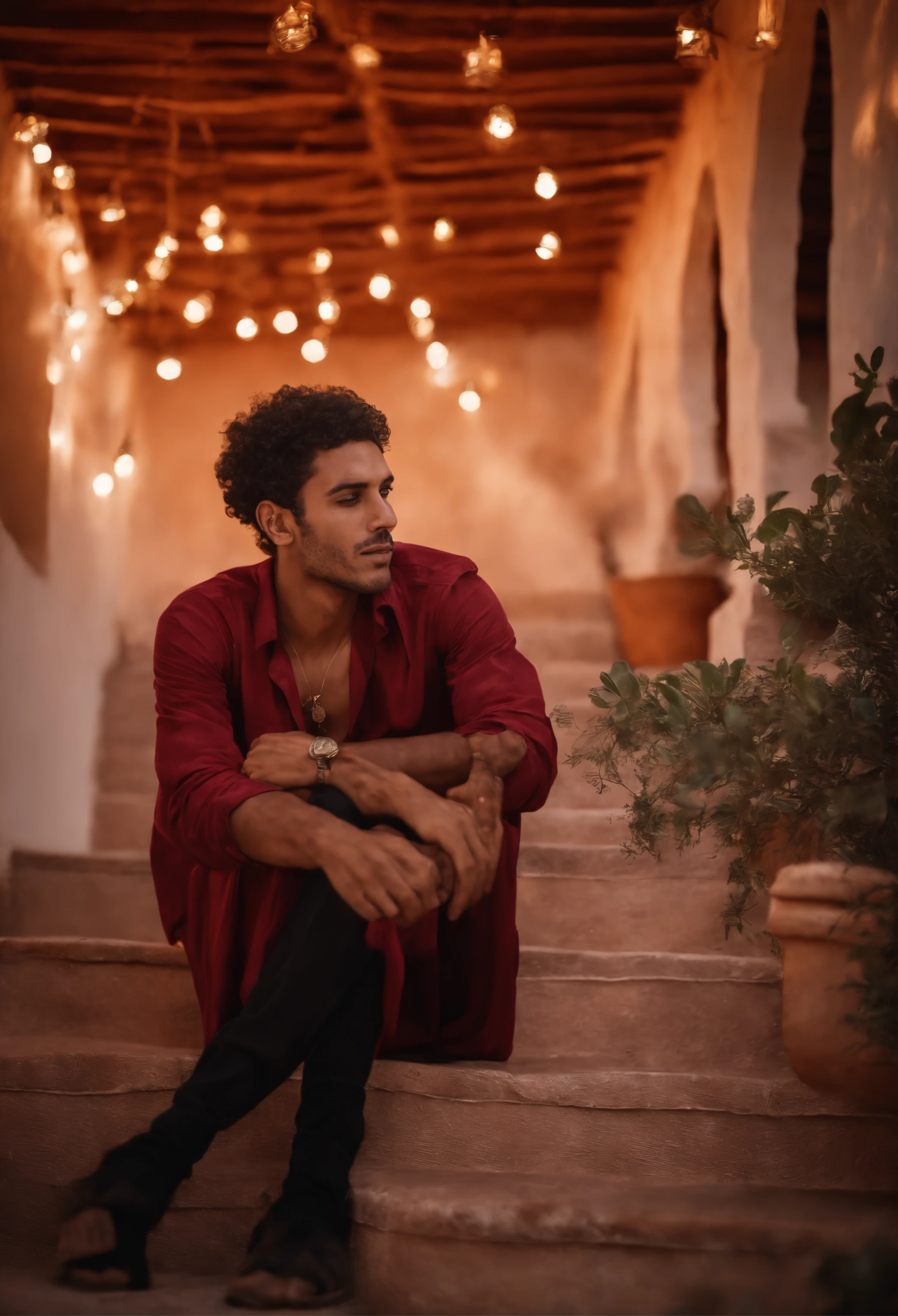 world press photo winner, (award-winning photography:1.3), (modern Moroccan man, beautiful face, 23-years old guy, Moroccan skin tone, typical Moroccan male features:1.4), clear asymmetrical eyes, (very sharp photo:1.1), (8k, RAW photo, best quality:1.3), (realistic, photo-realistic, modest clothes:1.1), riad rooftop, Marrakech view, Amazigh pillows, romantic, moroccan lamps, sexy, gorgeous roses, exotic, glimmering lights, magical, super romance, Portait of a (sexy modern Moroccan man under the stars:1.5), analog style (look at viewer:1.2) (skin texture) (film grain:1.3), (warm hue, warm tone:1.2), cinematic light, sidelighting, ultra high res, best shadow, RAW, full body, wearing button-up shirt