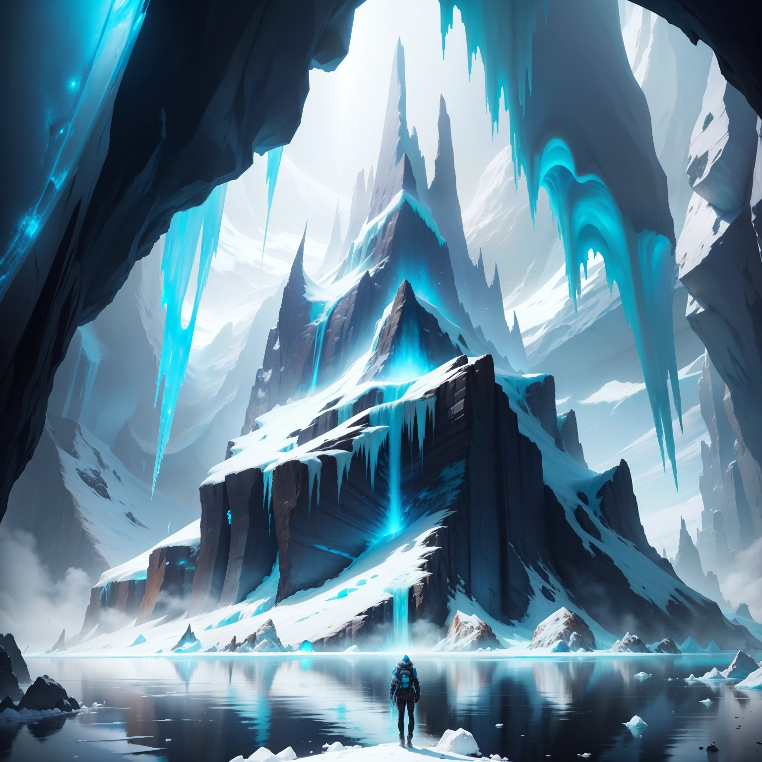 Ice World Shirogane World cyberpunked Great glacier Huge cave A beautiful future world top-quality 超A high resolution masterpiece dream SFFantasia Super huge waterfall
