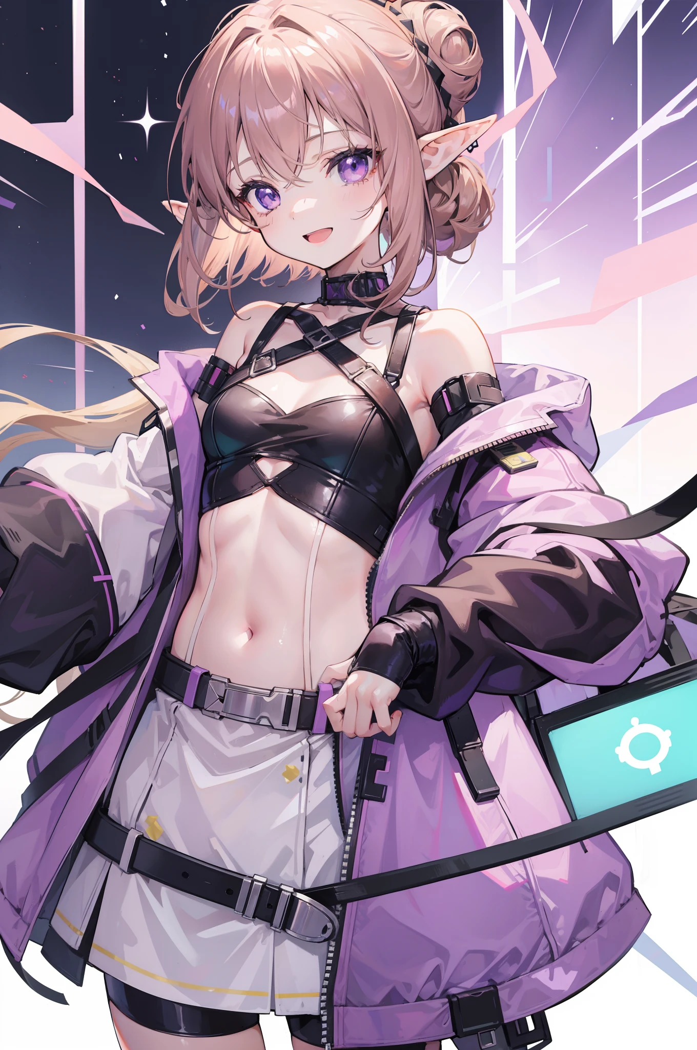 1 girl, pastel colours, brown-hair, violet eyes, hair up to the shoulders, elf ears, Cyberpunk clothes, Happy smile with open mouth, little chest, girl