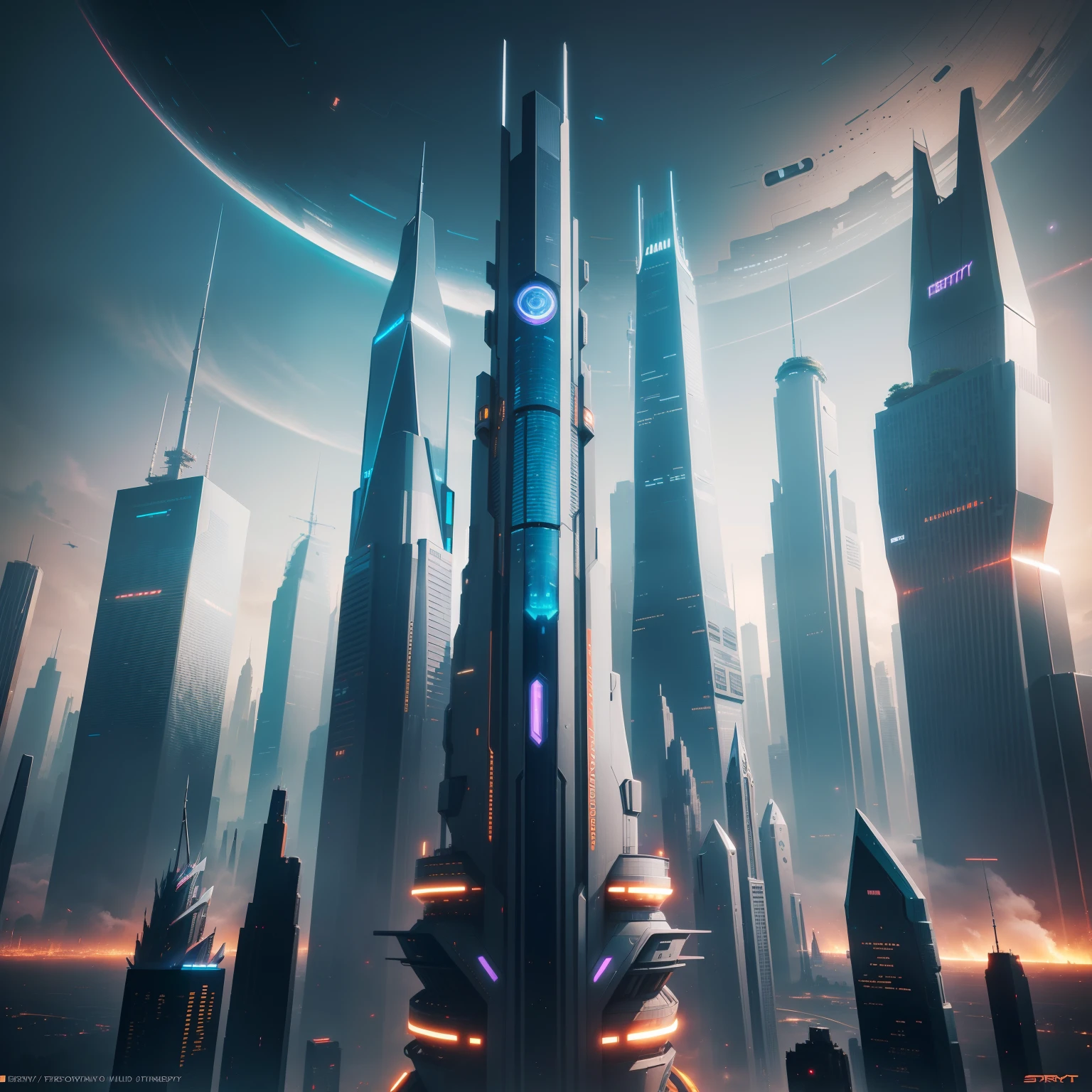 cyberpunked　futuristic cities　Skyscrapers　HD Images　Skyscrapers towering into space　top-quality　​masterpiece　ＳＦart by　epcot　ＳＦFantasy City　planet earth