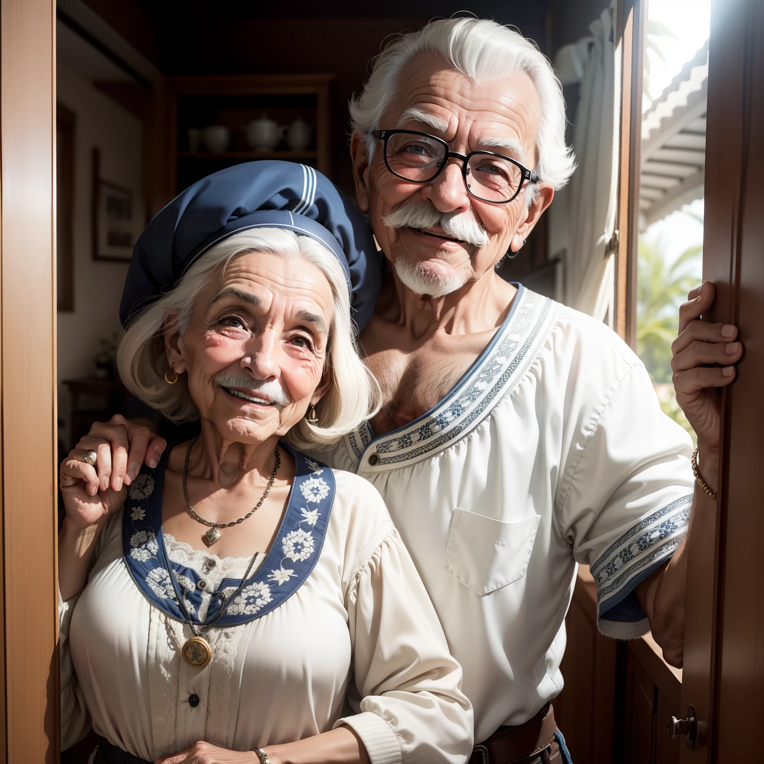 Fotografia de um homem com 61 anos de idade com bigode,branco,descendencia portuguesa,sorrindo em uma casa da cidade de santos,brasil,usando uma jaqueta de couro marrom e chapeu portugues de aba largas preto