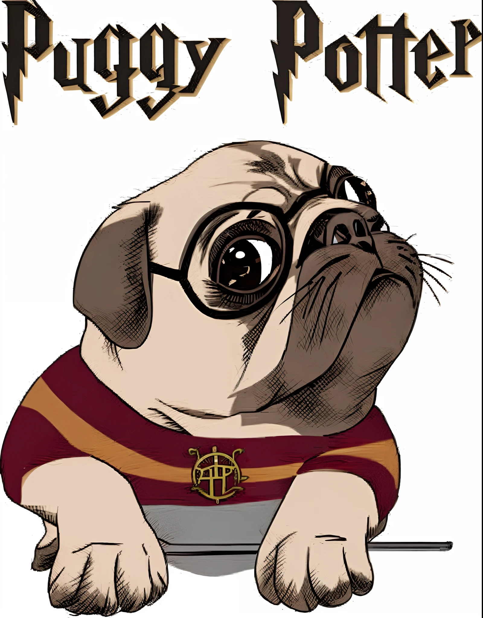 Close-up of pug wearing glasses and Harry Potter shirt, author:Fuller Porter, Harry Potter style, Harry Potter!!, Harry Potter, Evil pug, harry potter portrait, inspired by Fuller Potter, Pug face, The Art of Harry Potter, harry volk clip art style, harry potter smoking weed, round glasses potter, Pug as a portrait of the Pope, pug