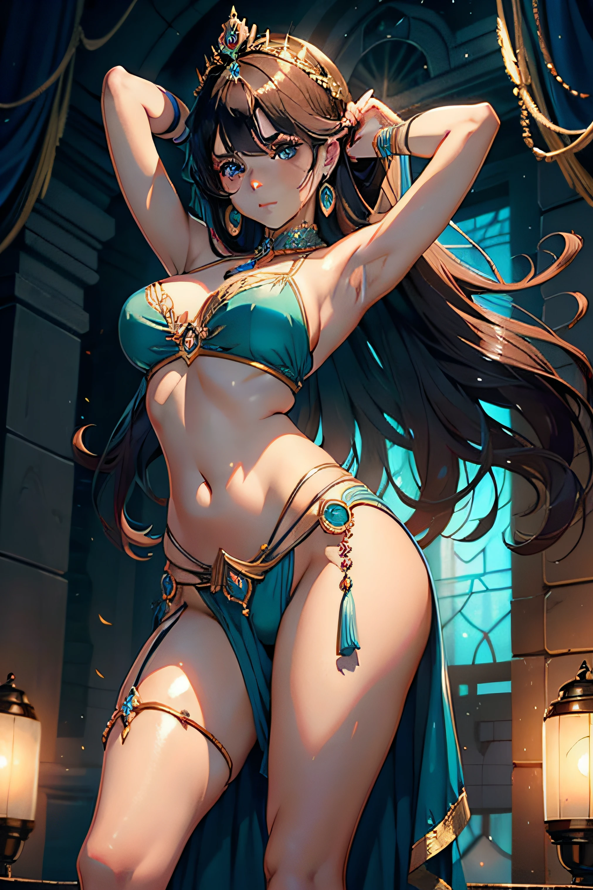 Obra maestra | Mujer de piel morena | Velo de cara | Atuendo de bailarina egipcia | Bellydancer | ojos detallados, cuerpo detallado, cara detallada, fantasy background, rubor, High resolution jewelry, detallado todo | Postura de bailarina, erotic posing | cabello mojado, cabello suelto, cabello largo, brown-hair | Corona de flores | nails long | Tacones altos, tacones altos delgados, tacones que muestran los pies | piel texturizada | Senos medianos | Cintura de avispa, delgada, abdomen tonificado | Trasero grande | Piernas largas, muslos grandes, piel brillante, piel radiante | Uso de gemas, perlas esmeraldas | Collar de joyas preciosas | muy detallado, detalle fino, incredible, cinematography lighting  | heterochromia (ojos derecho azul claro, ojo izquierdo morado) | Estructura corporal correcta, Carefully manicured nails, Delicate little fingers, dedos perfectos | 4K UltraHD