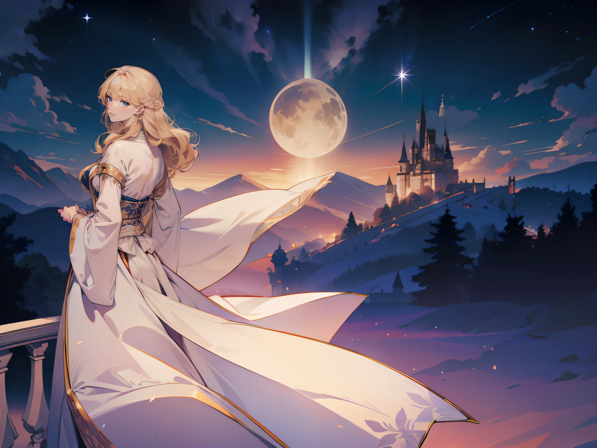 Woman with open arms on the balcony of a European castle、robe blanche、Blonde long-haired、Looking back at me、starrysky