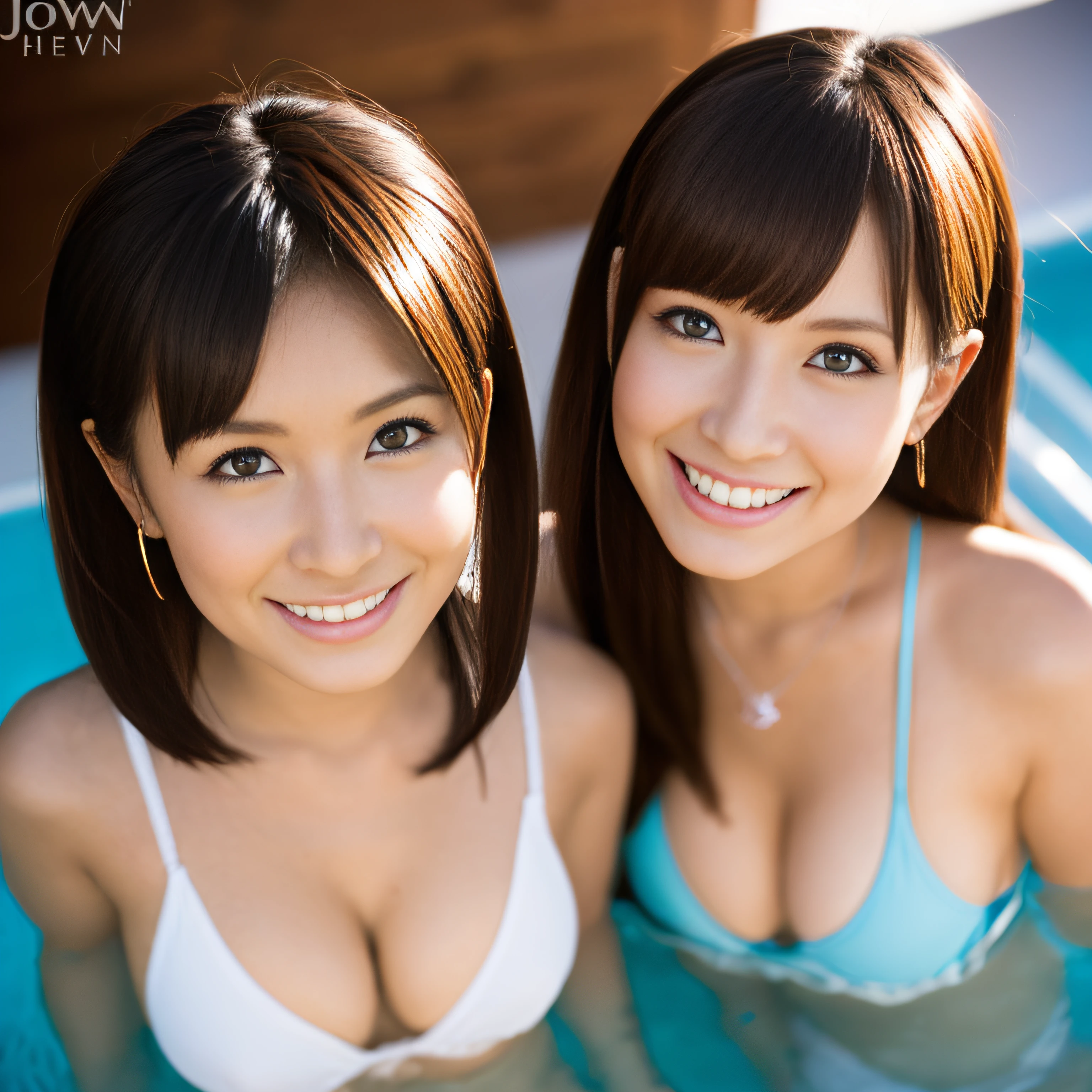 japanes、a beauty girl、2guys、Identical twin sisters who look exactly alike、a closeup、swim wears、A smile,(8K, Raw photography, top-quality, ​masterpiece: 1.2),