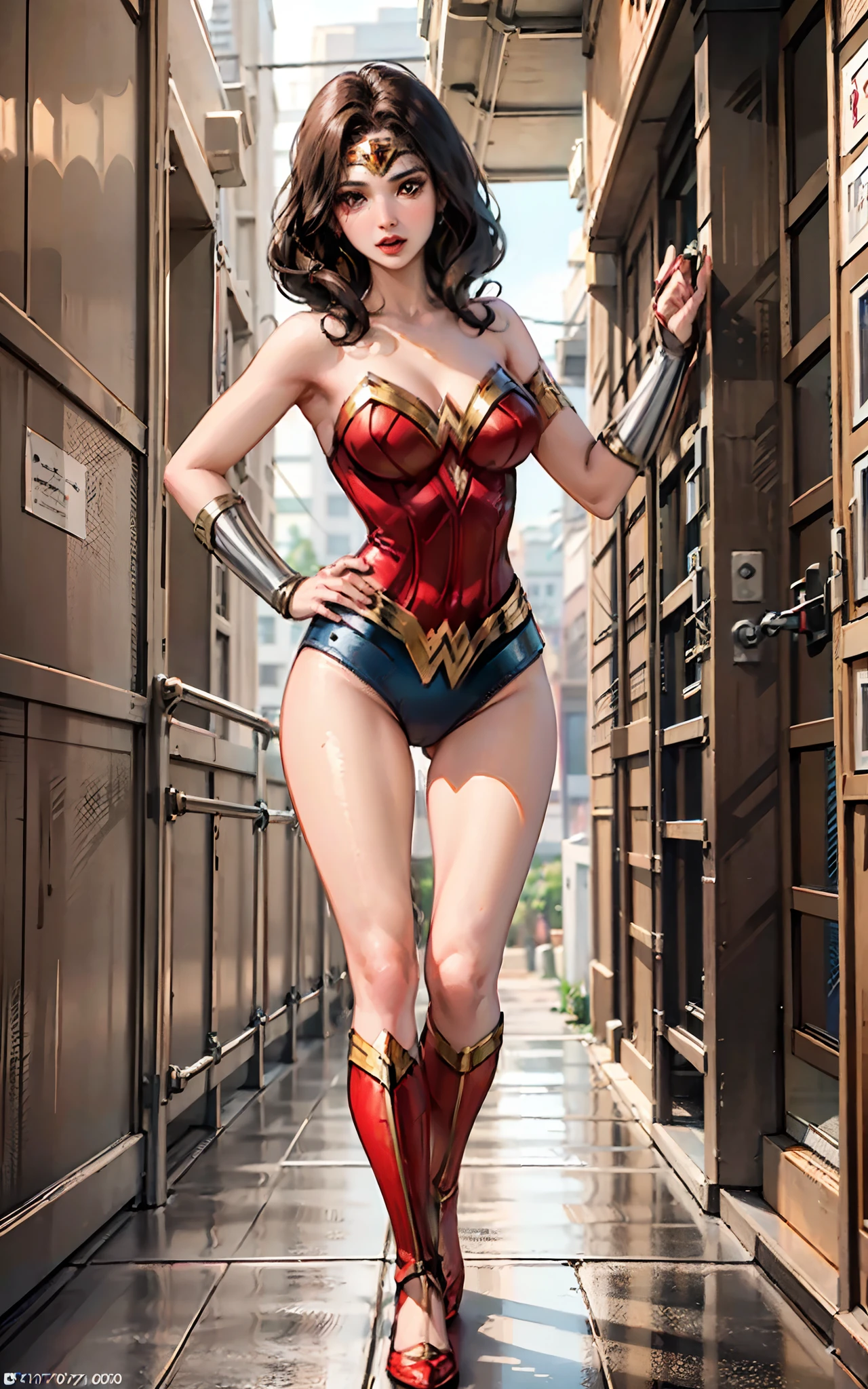 (ultra qualidade, master part, 8k, Ultra Detalhado, papel de parede)), 1 mulher ( mulher maravilha, Gal Gadot), soio, Beautiful, olhos expressivos brilhantes, Seios enormes, rosto detalhado, lingerie ( lingerie suit wonder woman) selfie, dia, building terrace