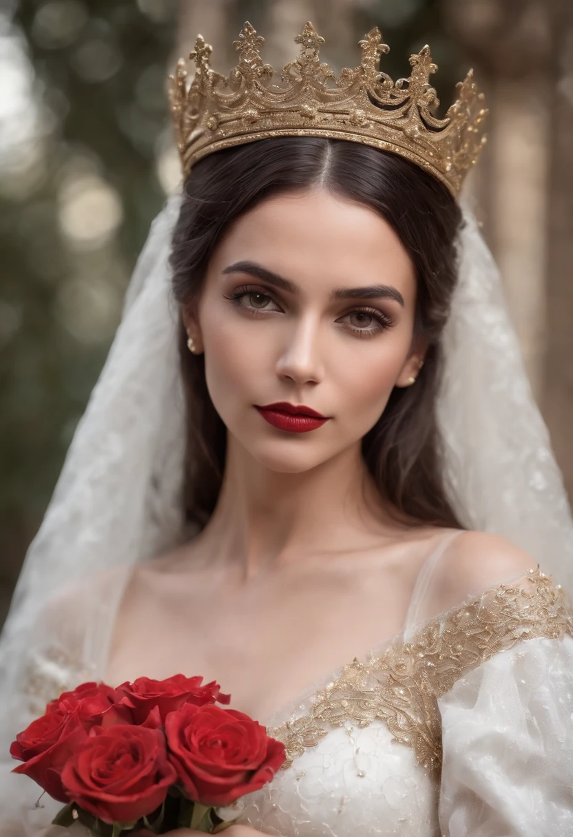 hiper-realismo, goth woman, 37 anos, morena, cabelos pretos, small queen's crown on her head, com (((vestido longo de rainha branco e dourado))), rosto fechado, holding 7 red roses in your hands, com fundo escuro, com a luz da lua iluminando, foto de corpo todo, looking-into-camera, olhar intimidador, Hiper realista, ultrarrealismo, detalhes realistas.