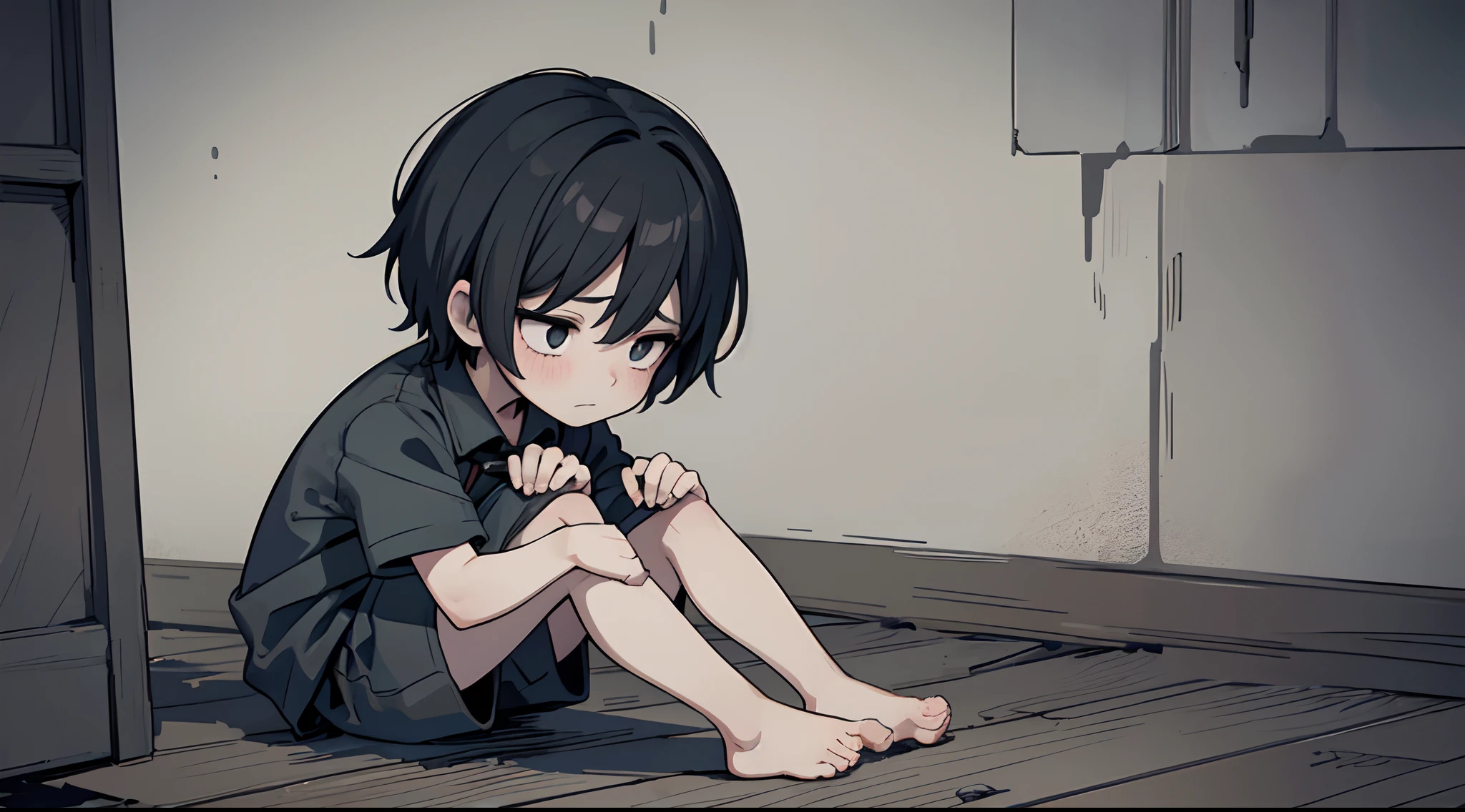 Solo character, full body version, ********, short haircut, black color hair, brown eyes, pink lingerie, no shock, no shoes, detailed shadow, (black clover style art), crying eyes, sit down gesture, handcuff, prison indoor room, blood, Tortured 