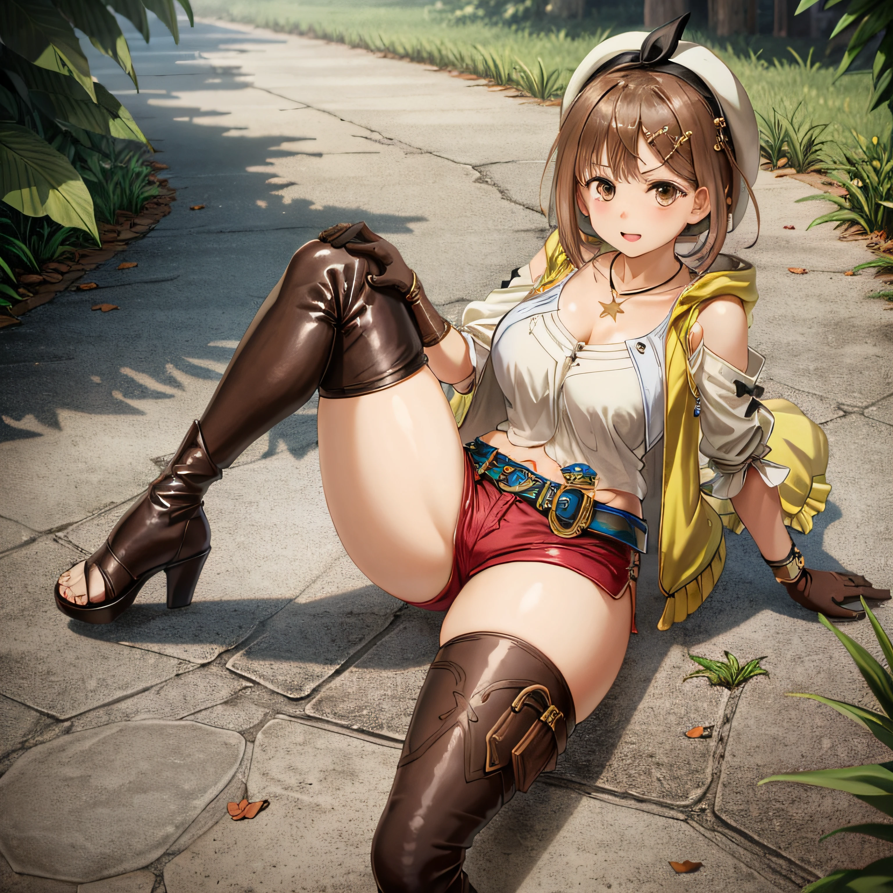 Liza, 1girl in, Solo, Shorts, gloves, Belt bag, hat, Head Ribbon, Jewelry, Red shorts, Brown hair, thighs thighs thighs thighs, Short shorts, bridal legwear, Necklace, Brown eyes, single glove, Hair Ornament, hair clips, Star Necklace, toeless footwear, Leather, Star (symbol), White cap, Brown gloves, long boots, Short hair, thighs thighs thighs thighs, Leather Belt, brown belt, Leather gloves, Jacket, Blue belt, Navel, Thigh boots, sleeveless jacket, Thigh Pouch, white thighhig, 鎖骨, Yellow jacket, Brown Footwear, cleavage, Large breasts, ((Spread legs:1.4)), plein air, Sitting