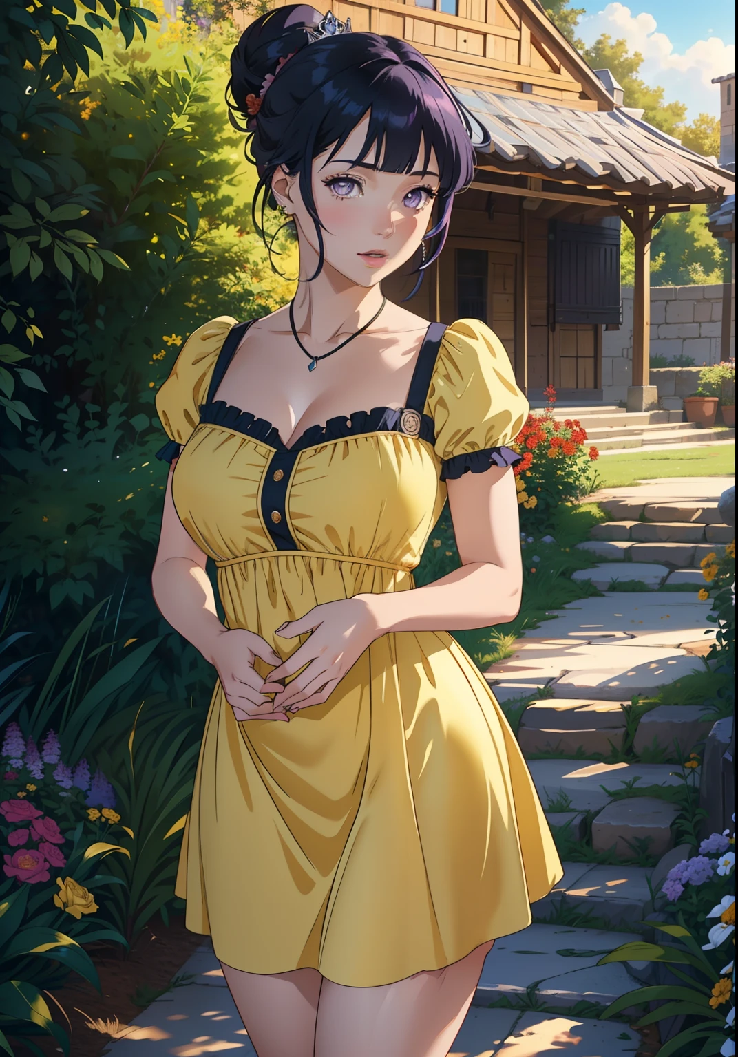 (BelleWaifu:1), surprised, beautiful pose, looking at the viewer, thick thighs, (long yellow dress:1.2), (hair bun, tiara) :D, curvy, (holding a red rose:1),

(realistic: 1.2), (realism), (masterpiece: 1.2), (best quality), (ultra detailed), (8k, 4k, intricate), (full-body-shot: 1), (Cowboy-shot: 1.2), (85mm), light particles, lighting, (highly detailed: 1.2), (detailed face: 1.2), (gradients), sfw, colorful, (detailed eyes: 1.2),

(detailed landscape, garden, plants, castle: 1.2), (detailed background), detailed landscape, (dynamic angle: 1.2), (dynamic pose: 1.2), (rule of third_composition: 1.3), (line of action: 1.2), wide shot, daylight, soil, Blunt Bangs, purple eyes,dark blue hair