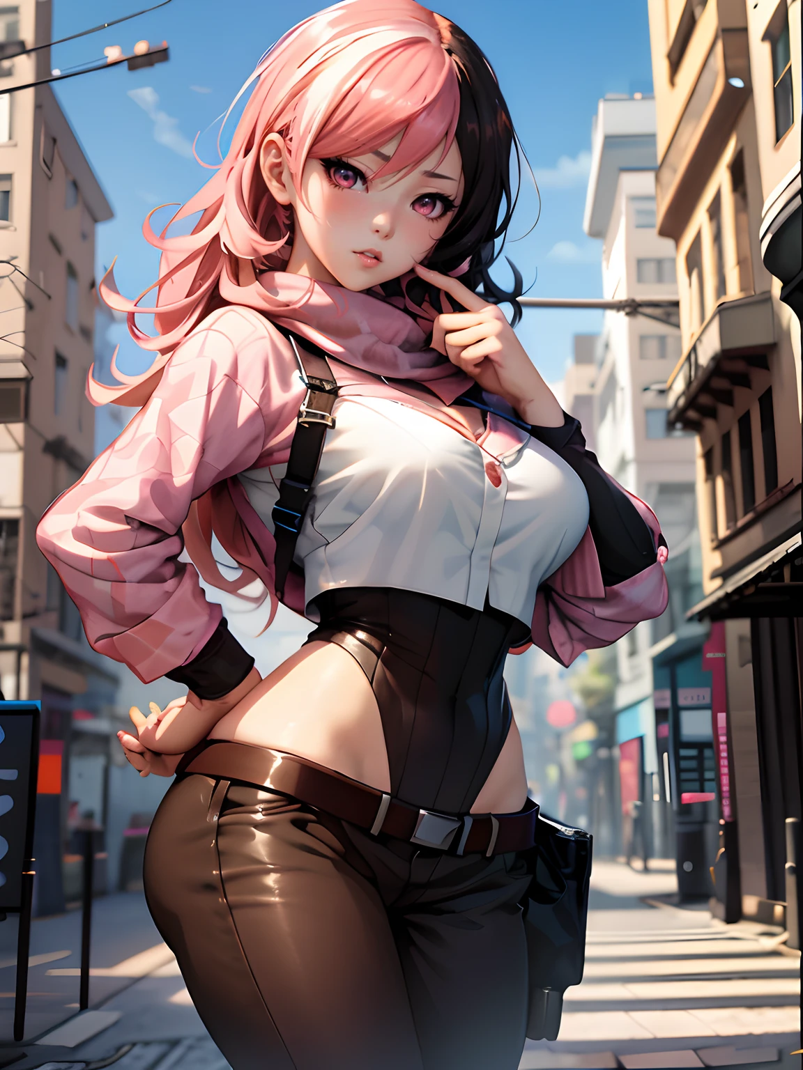 anime girl with pink hair and black pants posing on a city street, seductive anime girl, style artgerm, extremely detailed artgerm, ig model | artgerm, range murata and artgerm, artgerm. anime illustration, artwork in the style of guweiz, in the style artgerm, attractive anime girl