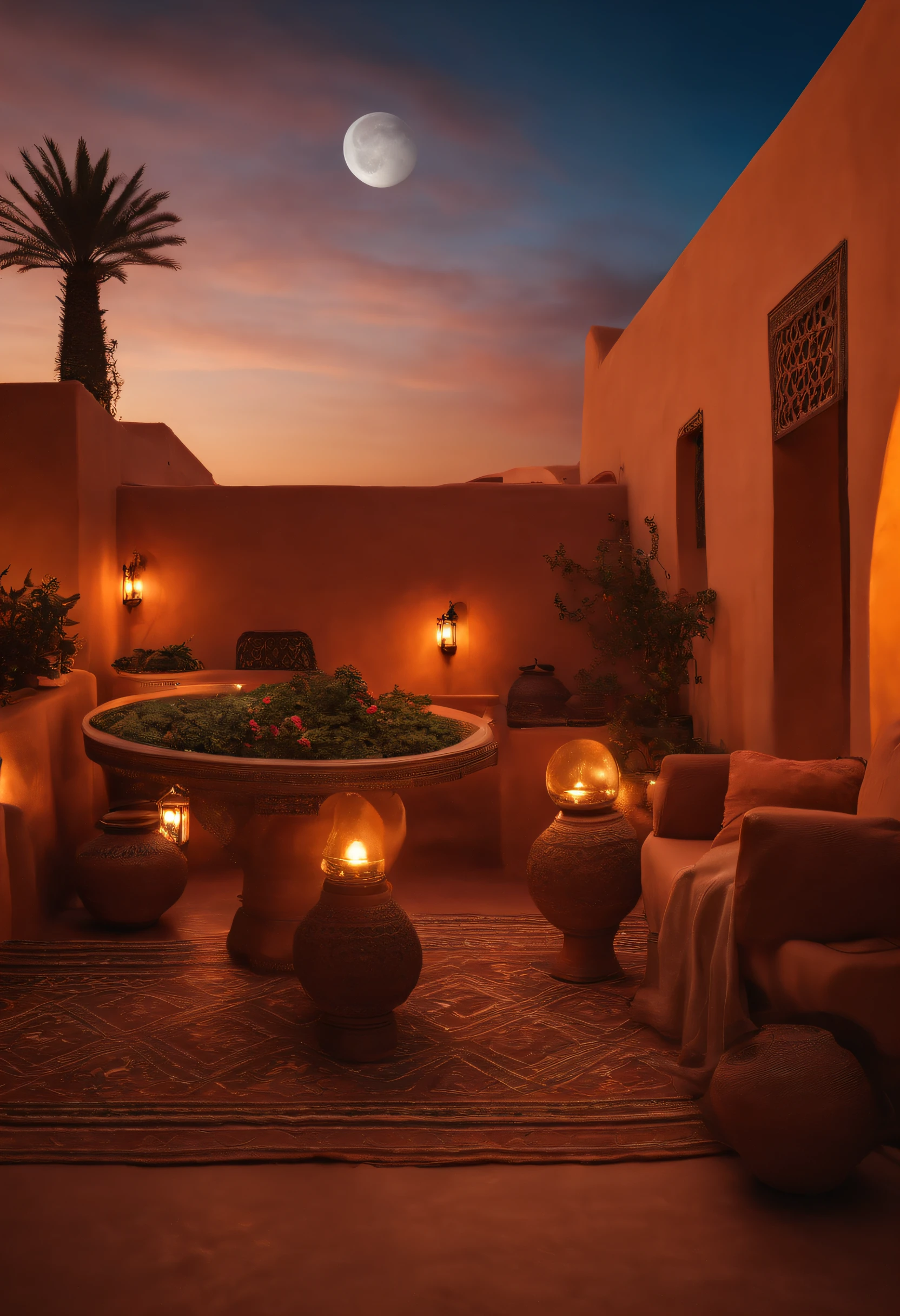 hyper realistic photo, ultra detailed photograph of a beautiful Moroccan rooftop, photorealistic, riad rooftop, Marrakech view, stunning moon in the sky, iridescent, hyperrealism, moroccan lamps, sexy, Ultra photoreal, Intricate details, Ultra detailed, elegant photorealistic, great high details, hyper real photo, 8k, extreme quality, gorgeous roses, exotic, glimmering lights, magical, super romantic
