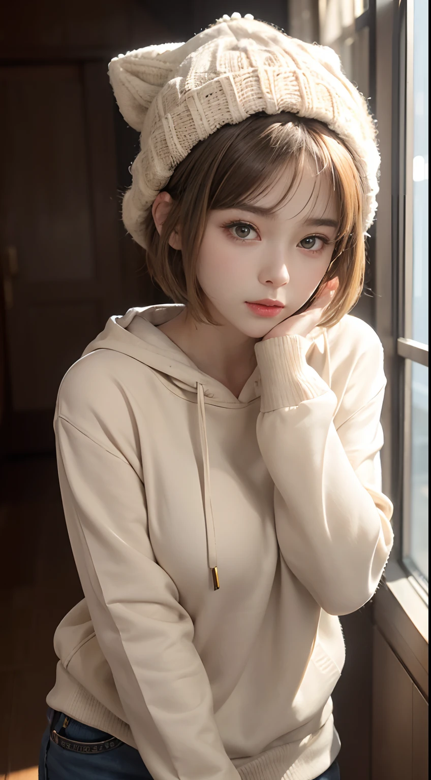 (masuter piece:1.3)、(8K、Photorealsitic、Raw photography、top-quality: 1.4)、(1girl in)、beautiful countenance、(Lifelike face)、(Light Beige Mixed Hair、short-hair:1.3)、(Busty Boobs)、Wearing a short、Hooded hoodie、shortpants、Beanie、Wearing a knitted cute pom-pom hat、(Display hats on the screen)、realisticeyes、Beautiful details、（real looking skin）、Beautiful skins、absurderes、enticing、超A high resolution、A hyper-realistic、high-detail、the golden ratio