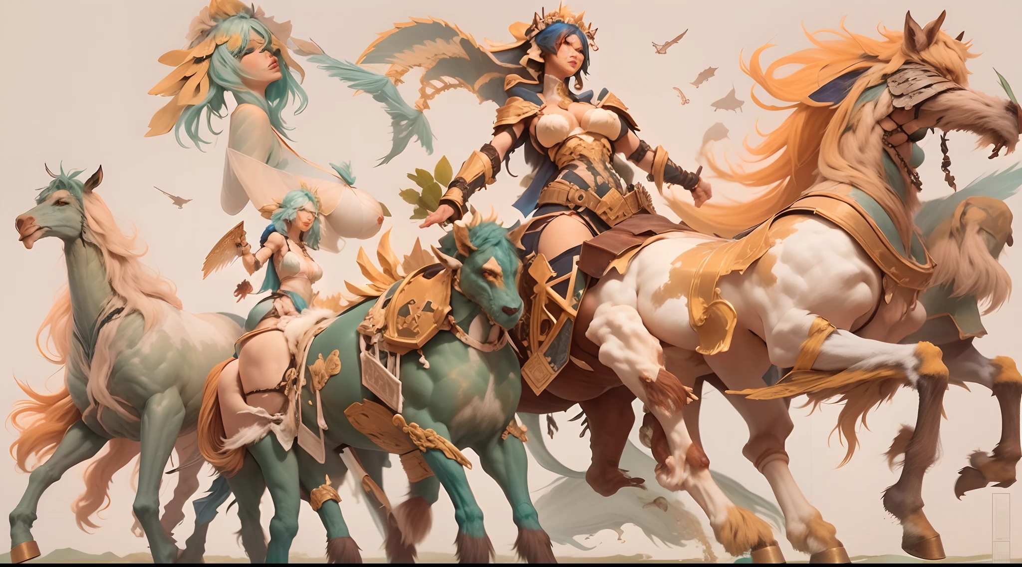In the beautiful illustration of this super-grand scene,The ultra-long lens shows us(Over eight separate and unique centaur characters:9.9),They all have their own characteristics,Vivid and interesting。A radiant light falling from the sky(Angel centaurs:6.6),The nightmare is(Centaurs surrounded by flames:6.6)、Then dance in the air with the wind(Fairy centaurs:6.6)、There are also thunderbolts around(One-horned centaur:6.6),and shiny metal(Mechanical centaurs:6.6)、And then(A centaur covered with colorful dragon scales:6.6)Powerful、Elegant and agile(Elf centaur's slenderness:6.6)Elegantly put on a flower crown、Enchanting and charming(Tiflin centaurs:6.6)、There are indescribable(Raised sexy:6.6)'s(Succubus centaurs:6.6)。Each character has their own unique charms and abilities。Illustration uses advanced artistic techniques and tools,(Divide the scene into sections by geometric arrangement:9.9),Each section corresponds to a centaur character,This allows for more efficient use of space。Pass the advanced brush tool halfway、Color Palette、Material packages and model packages、Texture tools,For every centaur, Beautiful props are designed to increase racial characteristics、Clothing and physical characteristics,(Enhance the character's personality and visual appeal:2.5),The scenery in the illustration is stunning,The sky is changing、rainbowing、extreme light、Stars and Moon。Incorporate iconic landmarks like Mount Everest,and fireworks、Tranquil lake、Natural and urban elements of waves and neon lights,creating a magical atmosphere,Centaurs showcase their unique abilities and equipment in a variety of environments,This is true even in extreme alien landscapes。(Use tools halfway、Material pack、Texture tools、The color palette makes the depiction details vivid and realistic:9.9),From complex hairstyles and different ethnic characteristics、Body、Appearance characteristics、Clothing to real textures,This greatly enhances the realism of the characters and surroundings,The fusion of multiple ar
