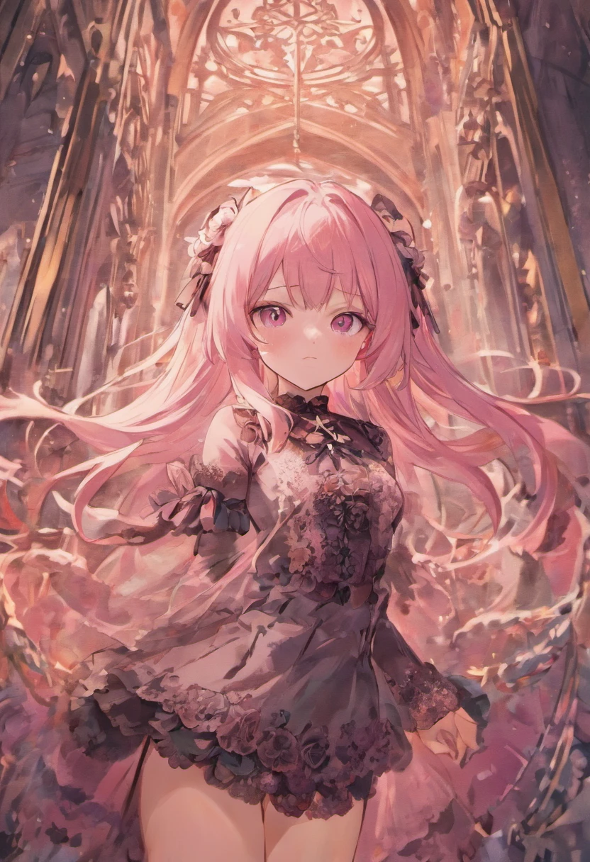 best quality, exquisite facial features, perfect face, bishoujo, ojousama, {{grey eyes}}, long light pink hair, lace trim, gothic, pantyhose, lace legwear