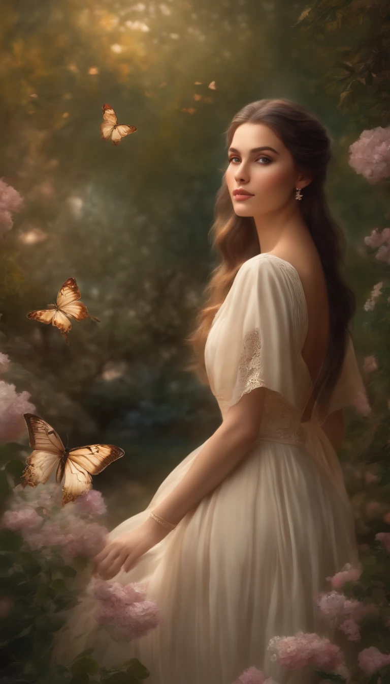 best quality,4k,8k,highres,masterpiece:1.2,hdr,ultra-detailed,realistic,photorealistic:1.37,portraits,landscape,beautiful detailed eyes,beautiful detailed lips,a girl with long eyelashes,medium:oil painting,soft lighting,vivid colors,serene garden,flowing dress,flowing hair,dreamy atmosphere,gentle sunlight,delicate flowers,butterflies,colorful palette,medium:traditional painting,graceful pose,natural scenery,silky texture,imaginative composition,harmonious color scheme,peaceful ambience,tranquil moment,captivating beauty,meticulous brushstrokes,subtle shadows,melancholic expression,ethereal charm,surreal elements,inner tranquility,medium:digital art,ethereal lighting,elegant features,faint blush on her cheeks,a hint of mystery,breathtaking scenery,stunning details,fantasy world, tranquil garden scene.