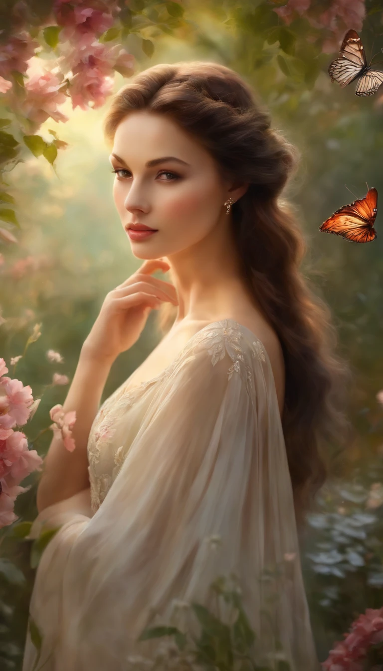 best quality,4k,8k,highres,masterpiece:1.2,hdr,ultra-detailed,realistic,photorealistic:1.37,portraits,landscape,beautiful detailed eyes,beautiful detailed lips,a girl with long eyelashes,medium:oil painting,soft lighting,vivid colors,serene garden,flowing dress,flowing hair,dreamy atmosphere,gentle sunlight,delicate flowers,butterflies,colorful palette,medium:traditional painting,graceful pose,natural scenery,silky texture,imaginative composition,harmonious color scheme,peaceful ambience,tranquil moment,captivating beauty,meticulous brushstrokes,subtle shadows,melancholic expression,ethereal charm,surreal elements,inner tranquility,medium:digital art,ethereal lighting,elegant features,faint blush on her cheeks,a hint of mystery,breathtaking scenery,stunning details,fantasy world, tranquil garden scene.