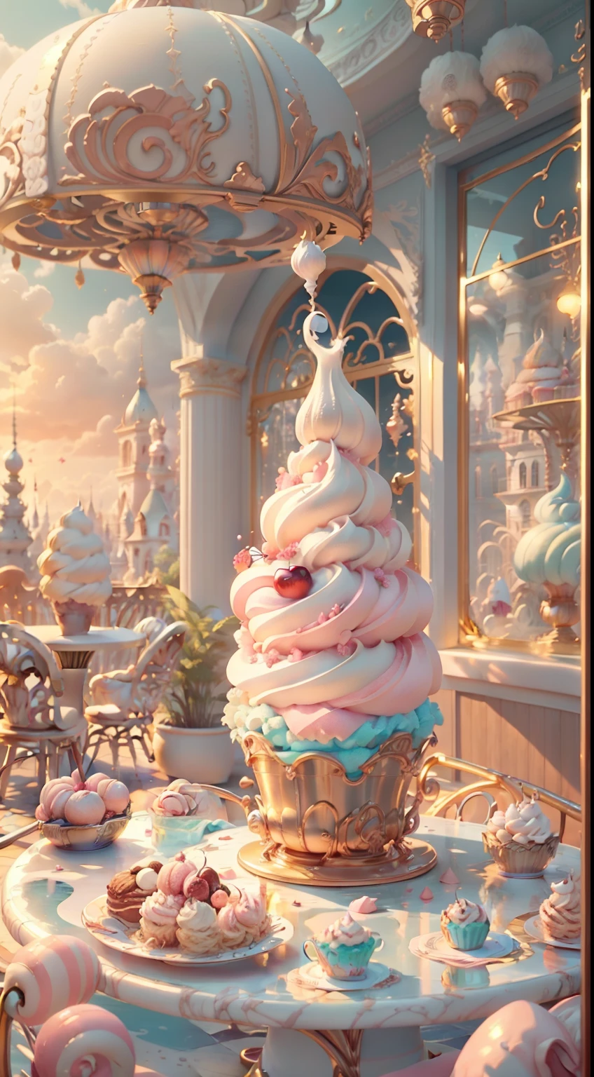 (Huge ice cream),illustration,Realistic Shading,Extraordinary details,Pastel colors,magical lighting,Fine texture,Pink fluffy clouds,Sparkling sprinkler,Delicate cone,Whimsical atmosphere,happy emotion,Dreamy background,Happy child,Delicious dessert,Soft serve ice cream,the ice cream shop,Vibrant colors,Candy toppings,fairy tale setting,The window appears,Lively scene,Cherry on top,Elegant whirlpool,Playful imagination,Captivating moments,A fun-filled experience,Creamy texture,sweetness,Irresistible temptation,Summer cuisine,Refreshing delight,Fantasy world