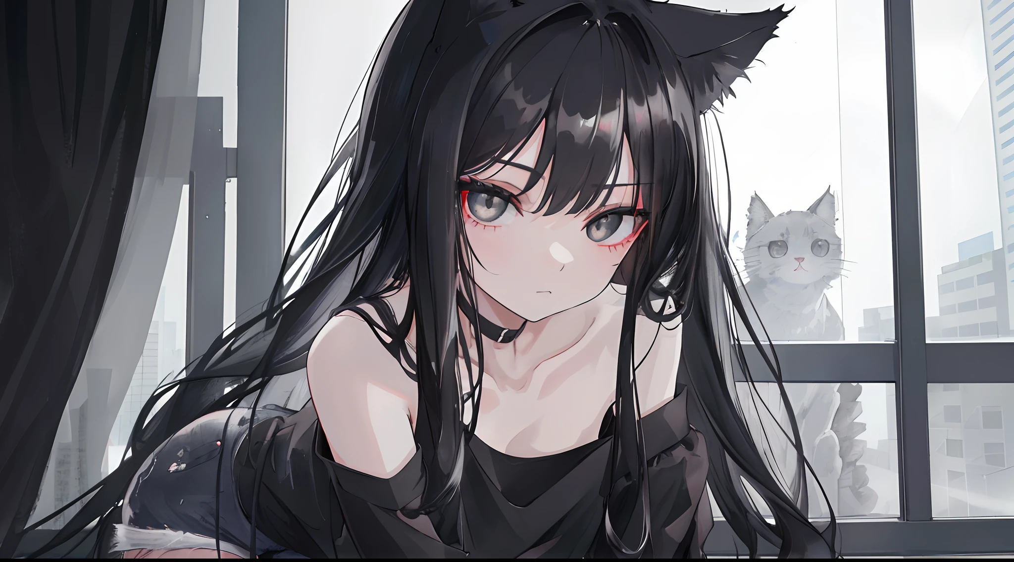 1girl, Long black hair, cat Ears, Black eyes, perfect face, wearing plain black shirt, denim shorts, rainy, window,absurdres, high res, ultra sharp, 8K, masterpiece, looking at viewer