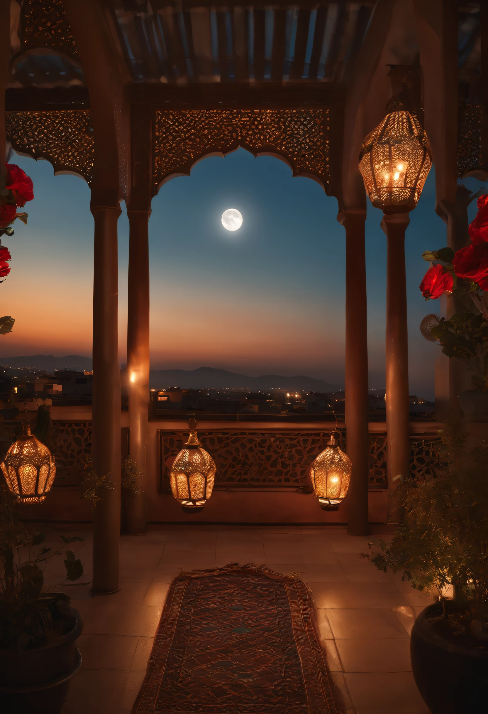 hyper realistic photo, ultra detailed photograph of a beautiful Moroccan rooftop, photorealistic, riad rooftop, Marrakech view, stunning moon in the sky, iridescent, hyperrealism, moroccan lamps, sexy, Ultra photoreal, Intricate details, Ultra detailed, elegant photorealistic, great high details, hyper real photo, 8k, extreme quality, gorgeous roses, exotic, glimmering lights, magical, super romantic