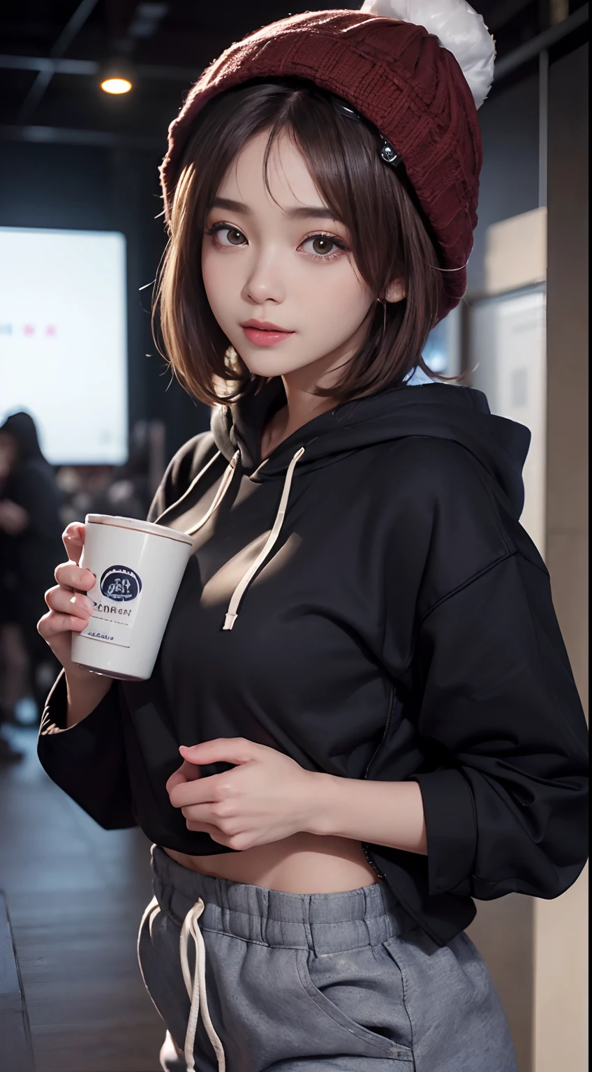 (masuter piece:1.3)、(8K、Photorealsitic、Raw photography、top-quality: 1.4)、(1girl in)、beautiful countenance、(Lifelike face)、(Cinnamon Milk Grade Hair、short-hair:1.3)、(Busty Boobs)、Wearing a short、((The length of the hoodie is just the length of the bust))、Hooded hoodie、shortpants、Beanie、Wearing a knitted cute pom-pom hat、(Display hats on the screen)、realisticeyes、Beautiful details、（real looking skin）、Beautiful skins、absurderes、enticing、超A high resolution、A hyper-realistic、high-detail、the golden ratio