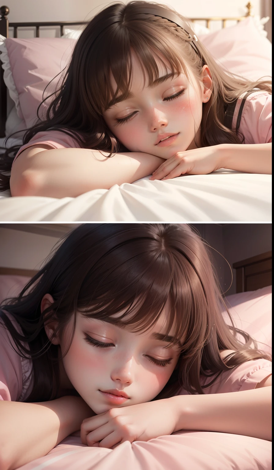 Sleeping Girl, 20 years old, Realistic,barechested, Expressions of satisfaction and relief, Brown hair. Pink bed theme and some cute stuffed animals on the bed,An ultra-high picture quality,high-detail,Awaken,