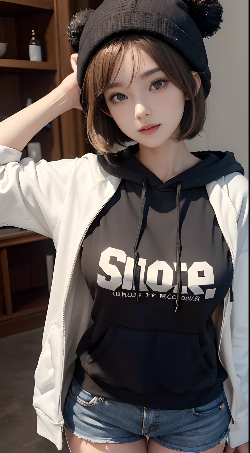 (masuter piece:1.3)、(8K、Photorealsitic、Raw photography、top-quality: 1.4)、(1girl in)、beautiful countenance、(Lifelike face)、(Cinnamon Milk Grade Hair、short-hair:1.3)、(Busty Boobs)、Wearing a short、((The length of the hoodie is just the length of the bust))、Hooded hoodie、shortpants、Beanie、Wearing a knitted cute pom-pom hat、(Display hats on the screen)、realisticeyes、Beautiful details、（real looking skin）、Beautiful skins、absurderes、enticing、超A high resolution、A hyper-realistic、high-detail、the golden ratio